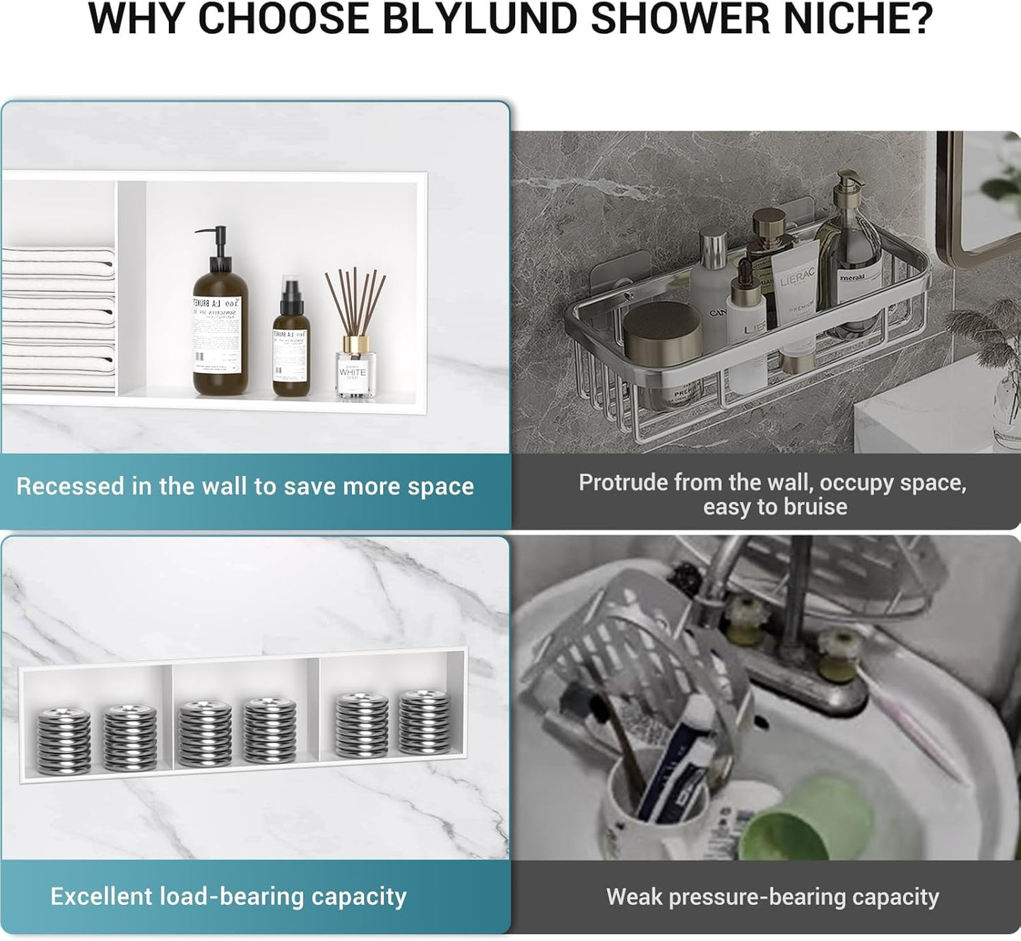 BLYLUND Shower Niche 12" x 24" NO Tile Needed,Matte Black Double Shelf Organizer, Square Corners Wall-Inserted Niche Recessed Shower Shelf Modern Soap Niche for Bathroom