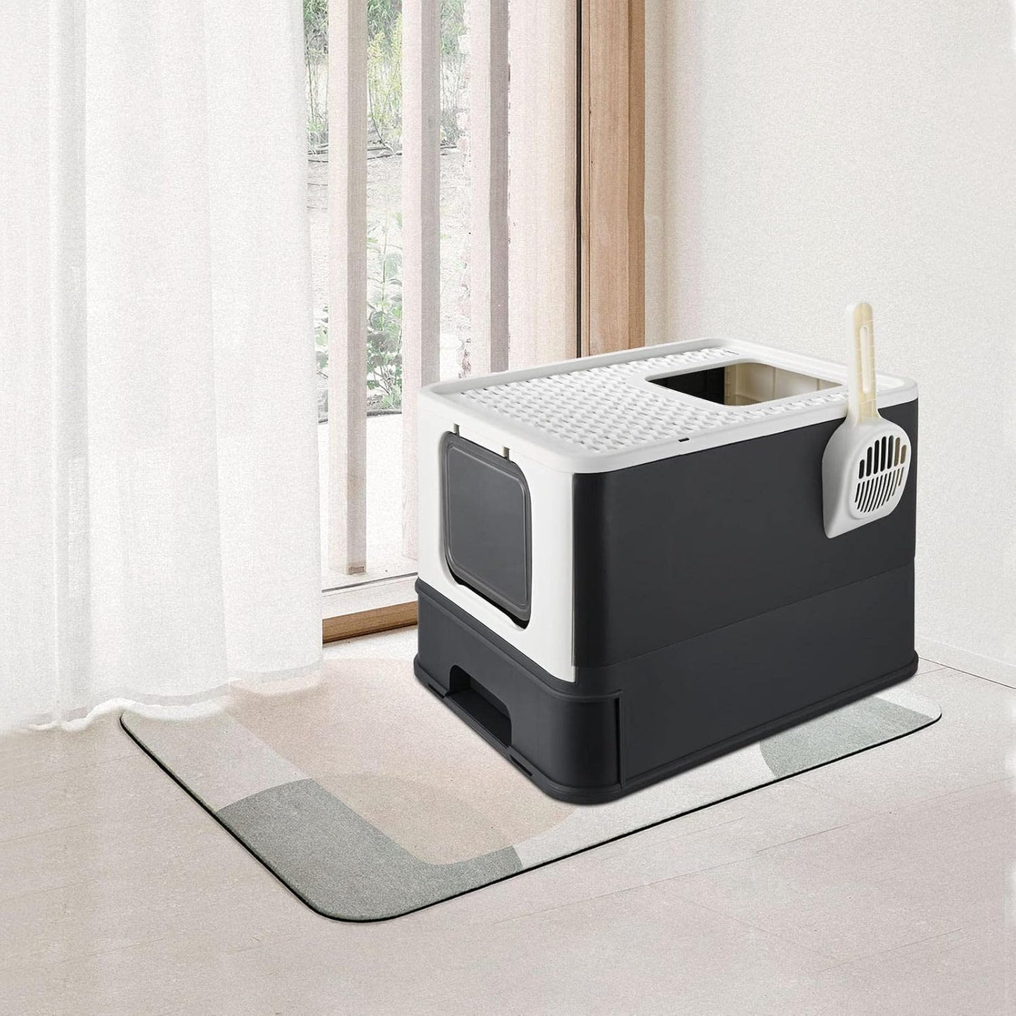 Foldable Cat Litter Box, Top Entry Kitty Litter Box with Lid & Scoop Extra Large Space Enclosure Toilet (Black) - LIVINGbasics