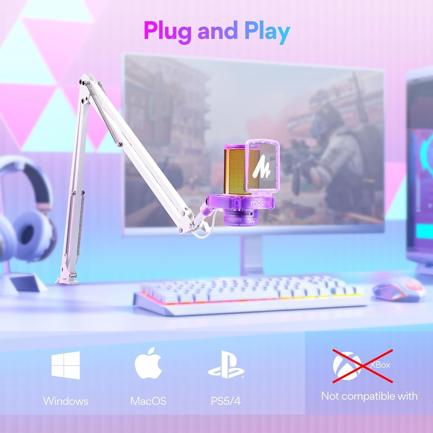 MAONO Gaming USB Microphone, Noise Cancellation Condenser mic with Mute, Gain, Monitoring, Boom Arm for Streaming, Podcast, Vocal, Twitch, YouTube, Discord, PC, Computer, PS4, PS5, Mac, DGM20S