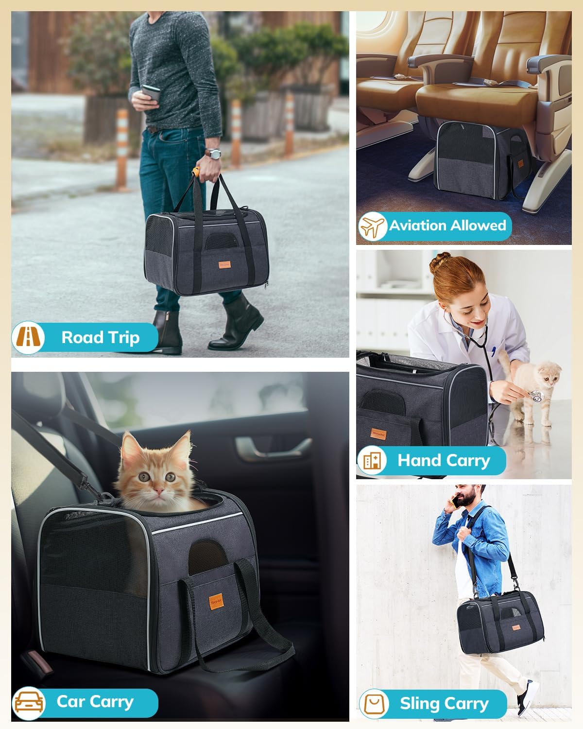 Morpilot Cat Carrier Soft - Portable Pet Carrier for Small or Medium Cats, Dogs and Puppy up to 14lbs, Airline Approved Dog Carrier with Safety Buckle - (Dark Gray)