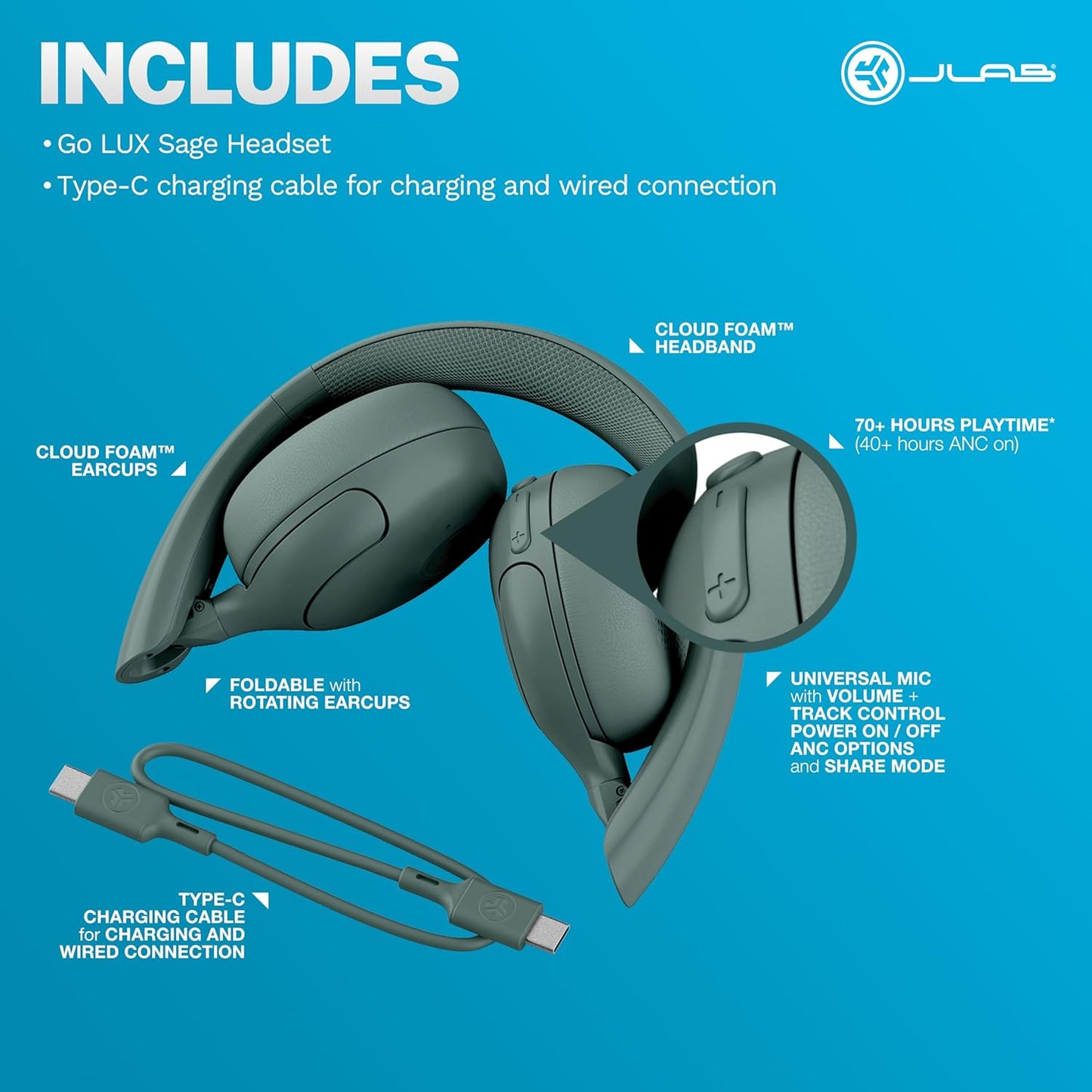 JLab Go Lux ANC Wireless Headphones, Cloud White, Hybrid Active Noise Cancelling, Premium On-Ear Bluetooth Headset, Customizable Sound, Be Aware Mode, Cloud Foam Comfort, Multipoint Connection