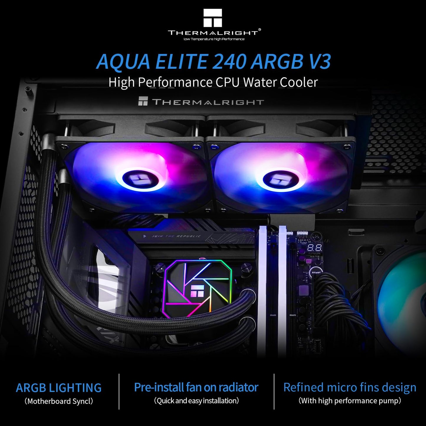 Thermalright Aqua Elite 240 V3 Liquid CPU Cooler, AIO Pump Head Speed up to 3300RPM, TL-C12B-S V2×2 PWM Fans,for AMD/AM4/AM5, Intel LGA1150/1151/1200/2011/1700, Computer CPU Aio Cooler