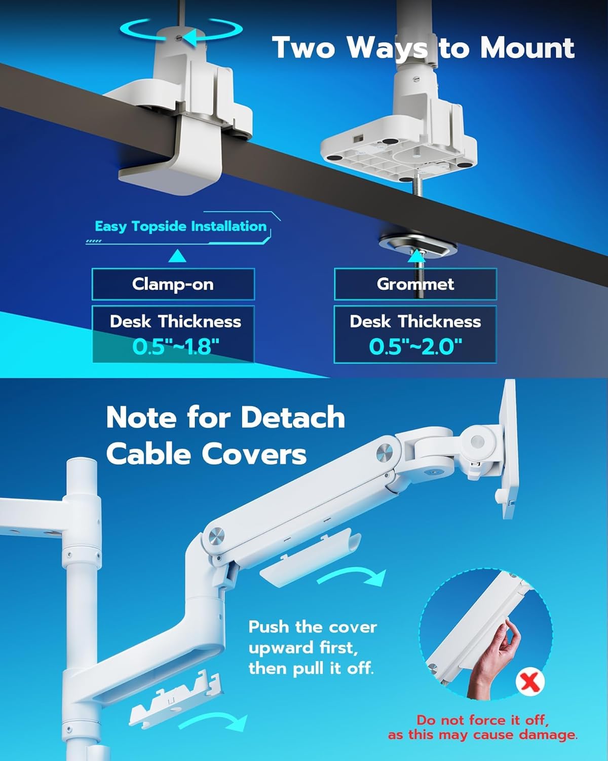 ARES WING Dual Monitor Arm for Ultrawide Heavy Duty Curved Monitor Stacking, Fits 17-49 Inch, Vertical Gas Spring Double Monitor Mount with USB, Adjustable Dual Monitor Mount for Desk, White