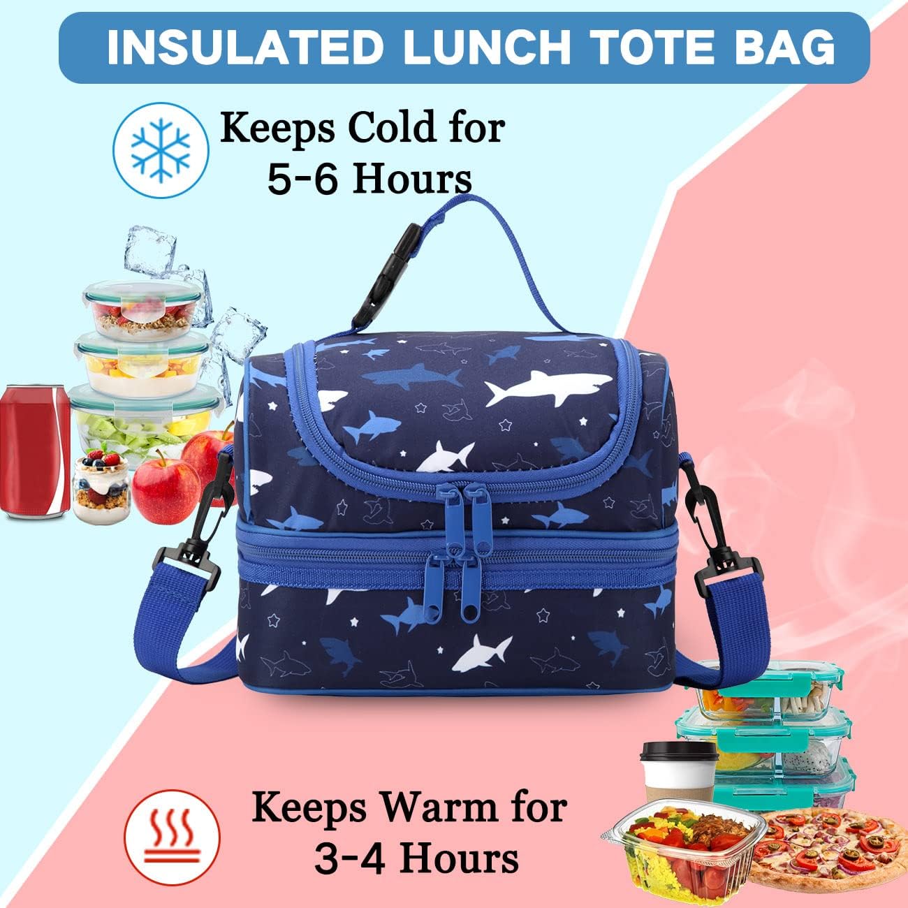 VASCHY Lunch Box Bag Men, Insulated Two Compartments Bento Cooler Bags for Adults/Women/Kids for School,Daycare,Kindergarten,Picnic Black