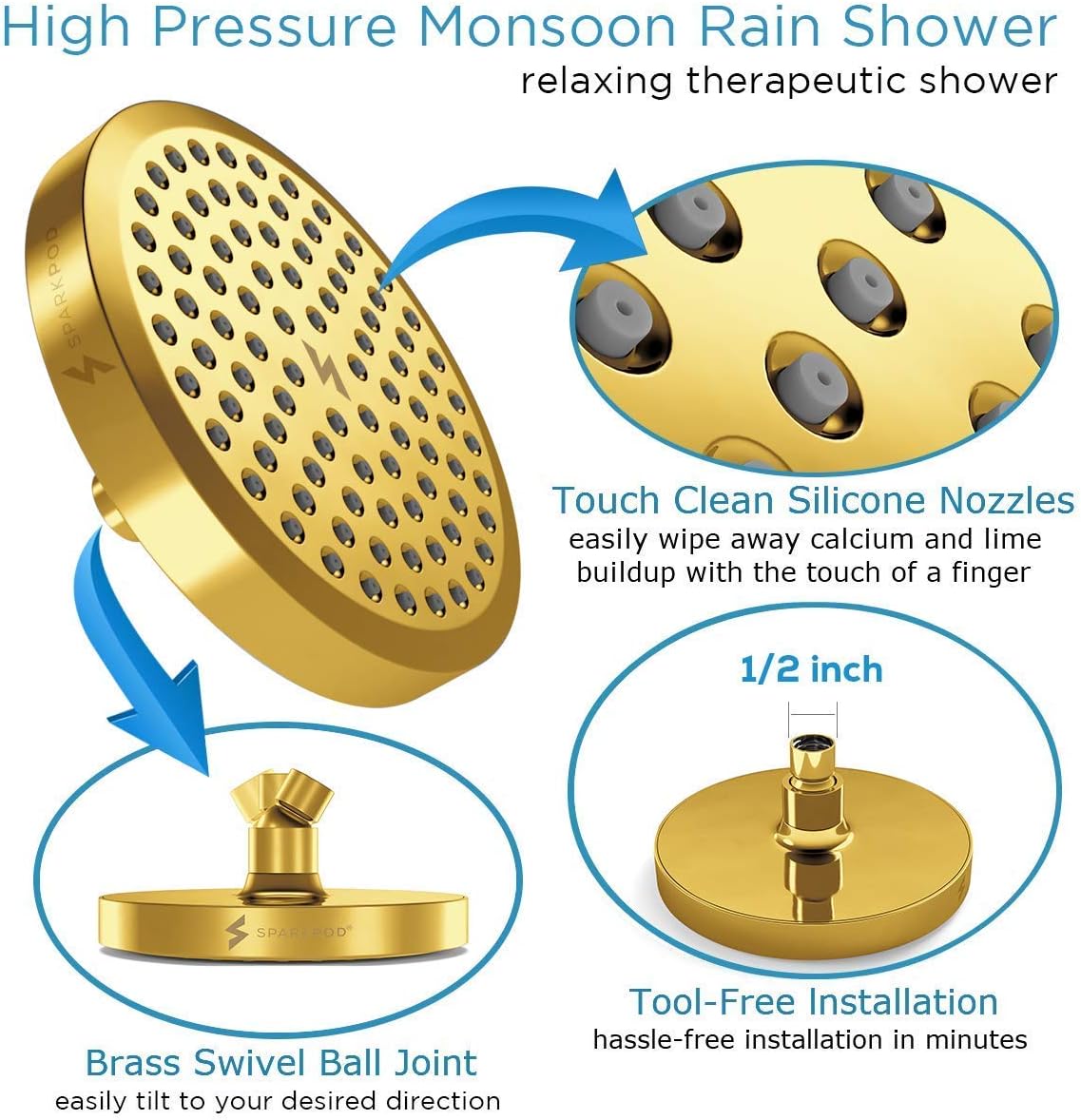 SparkPod Shower Head - High Pressure Rain - Premium Quality Luxury Design - 1-Min Install - Easy Clean Adjustable Replacement for Your Bathroom Shower Heads (Luxury Polished Chrome, 6 Inch Round)