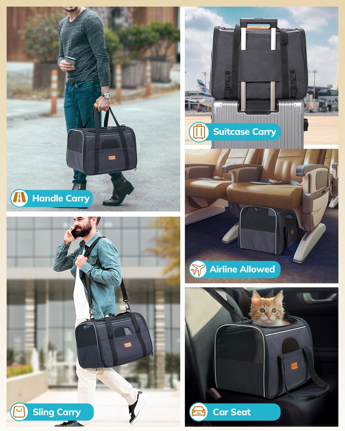 Morpilot Cat Carrier Soft - Portable Pet Carrier for Small or Medium Cats, Dogs and Puppy up to 14lbs, Airline Approved Dog Carrier with Safety Buckle - (Dark Gray)