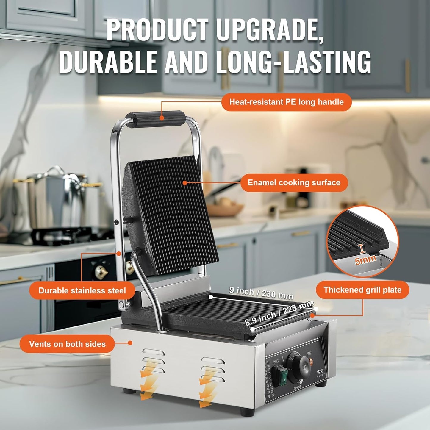 VEVOR 7 IN 1 Electric Contact Grill,1800W Indoor Panini Press Griddle,Stainless Steel Teppanyaki Grill with Nonstick&Removable Iron Plate, 0-446℉ Adjustable Temp Control,LCD Display,110V