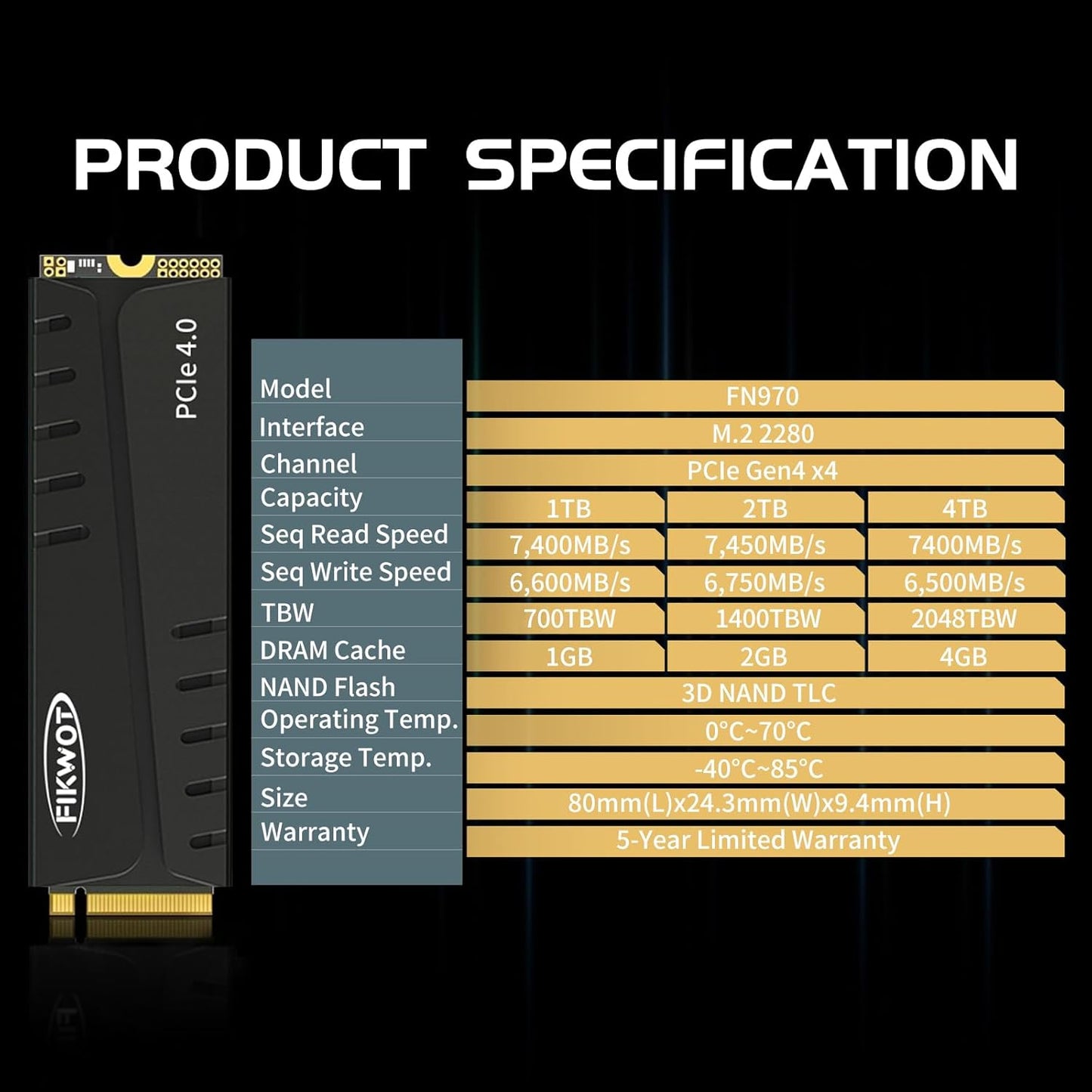 Fikwot FN970 2TB M.2 2280 PCIe Gen4 x4 NVMe 1.4 Internal Solid State Drive with Heatsink - Speeds up to 7,400MB/s, Configure DRAM Cache, Compatible PS5 Internal SSD