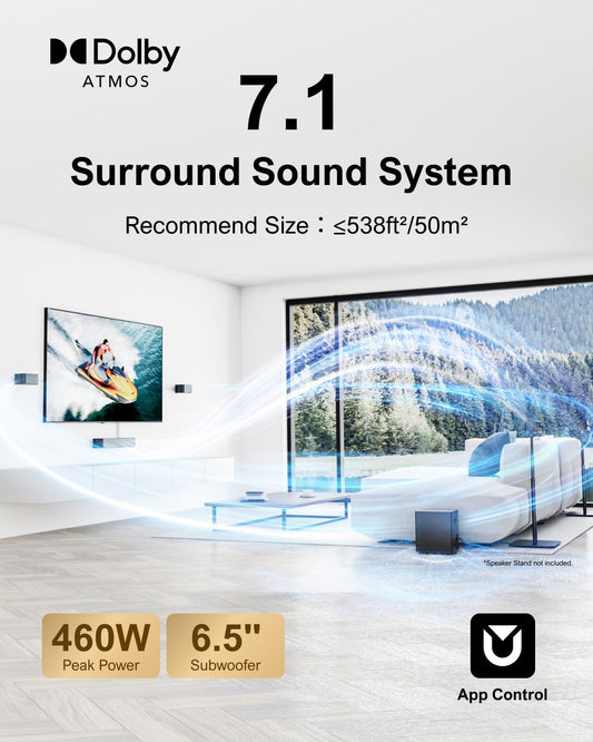 ULTIMEA 7.1 Channel Surround Sound System for TV with Dolby Atmos, 460W Soundbar with 6.5" Wireless Subwoofer, APP Control, 4 Surround Speakers, Home Theater Audio System, Poseidon D80 - PuriLite