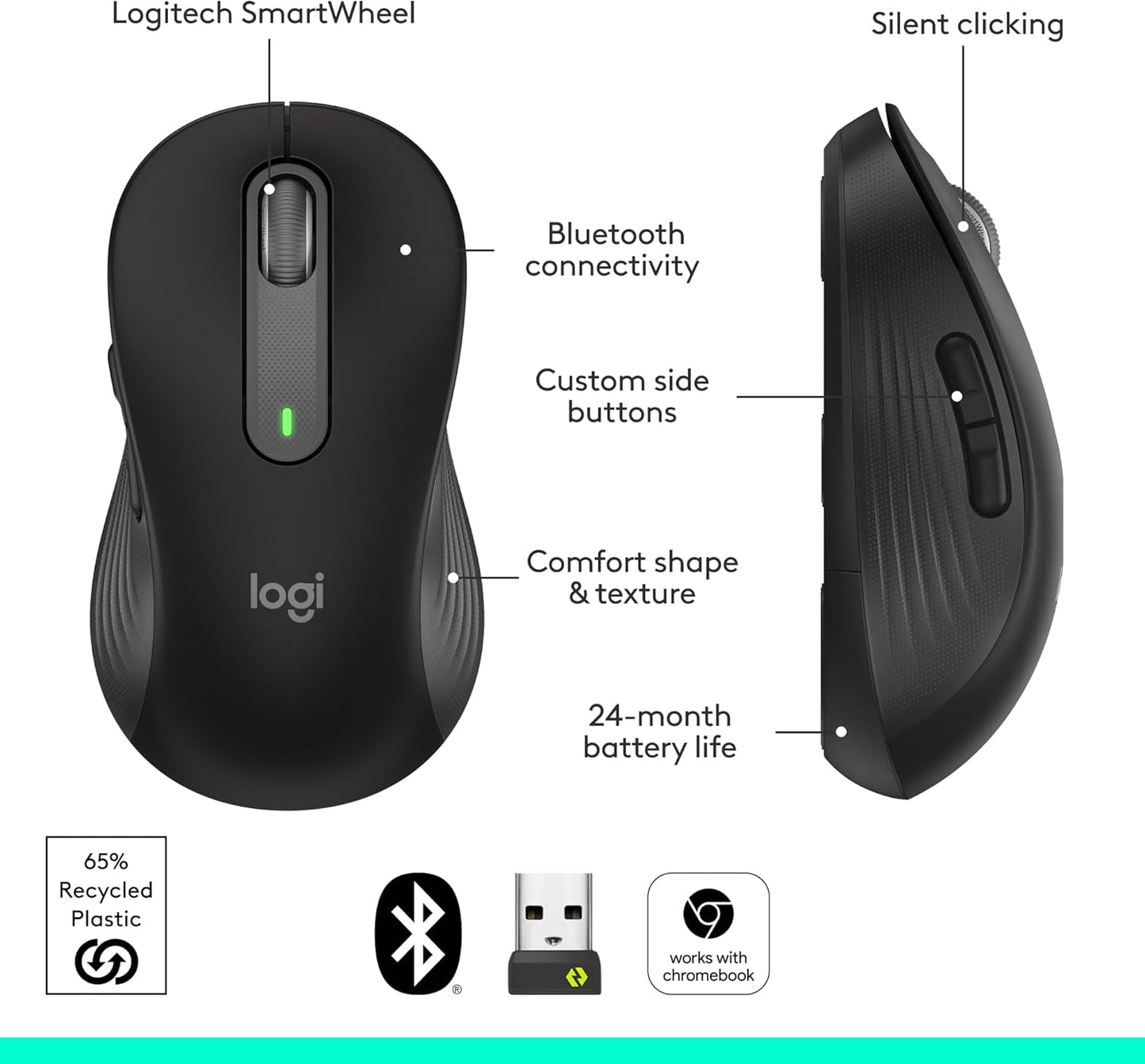 Logitech Signature M650 L Full Size Wireless Mouse - For Large Sized Hands, 2-Year Battery, Silent Clicks, Customizable Side Buttons, Bluetooth, for PC/Mac/Multi-Device/Chromebook - Black