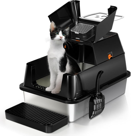 Eosarcu Stainless Steel Cat Litter Box with Lid, 180° Flip-Top XL Extra Large Enclosed Litter Box, Covered Metal High Sided Litter Pan with Steps & Scoop, Easy Cleaning, Odor Control,Non-Sticky-Black - PuriLite