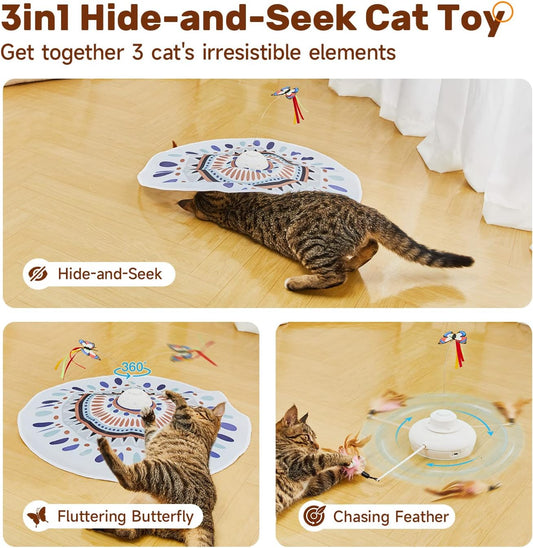 Potaroma Cat Toys Chargeable, 3in1 Hide and Seek for Kittens, Interactive Automatic Play, Fluttering Butterfly, Moving Wand Feather, Indoor Kitty Exercise 22.8 Inch Cover for All Breeds - PuriLite