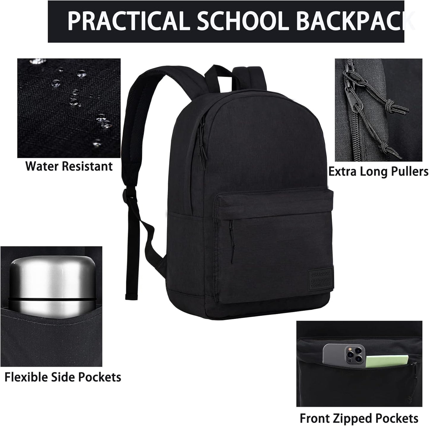 SUPACOOL Casual Laptop Backpack with USB Charging Port for Men and Women, School Bookbag for College, Lightweight Pack Back(Dark Black)
