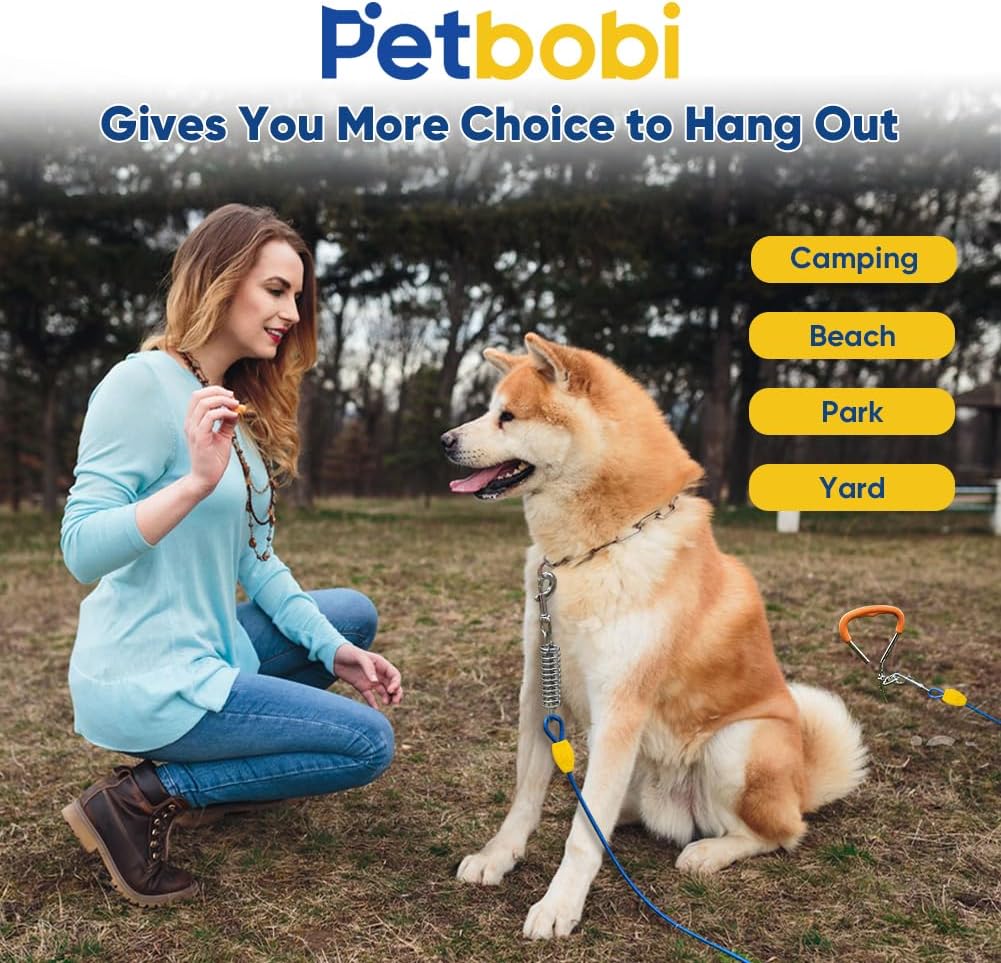 Petbobi Dog Tie-Out Cable and Stake - 30ft Heavy Duty Cable with Spring, No Tangle, 16in Ground Stake, Ideal for Yard, Camping and Beach, Suitable for Small Medium Large Dogs Up to 120 lbs, Blue