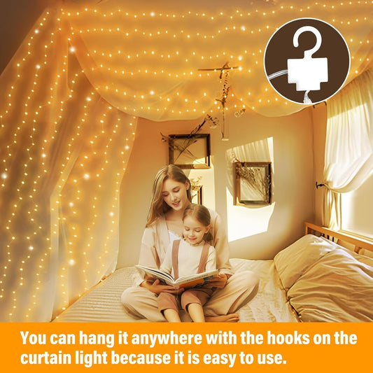2 Pack Fairy Curtain Lights, Total 600 LED USB Plug in 8 Modes 9.8x9.8Ft Christmas String Hanging Lights with Remote for Bedroom, Indoor, Outdoor, Weddings, Party, Wall, Decorations, Warm White - PuriLite
