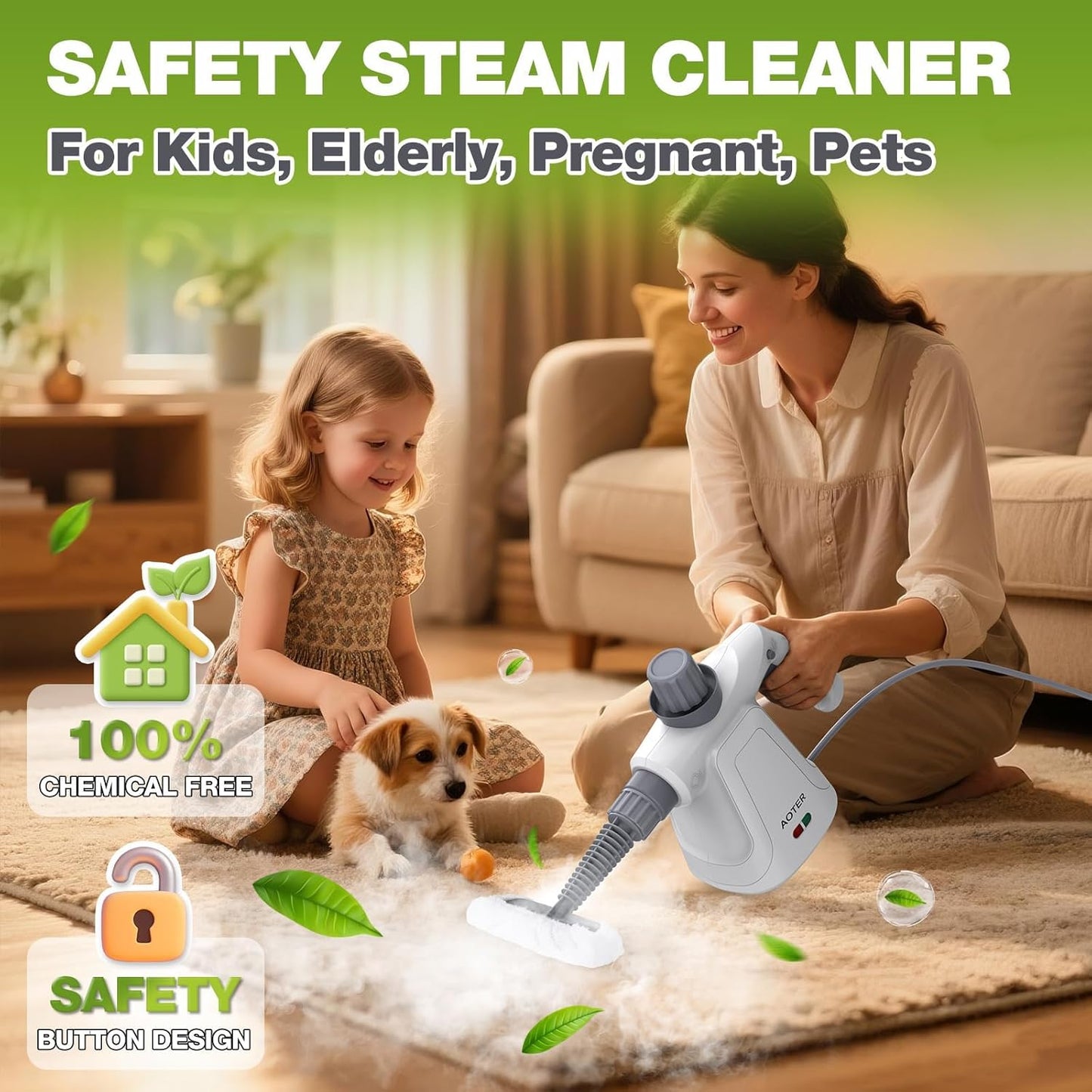 AOTER Pressurized Handheld Steam Cleaner, Portable Steam Cleaner Multipurpose for Home, Multi-Surface Steam Cleaner for Tile, Grout, Windows, Bathroom, Kitchen, Car Cleaning, with 12pcs Accessories