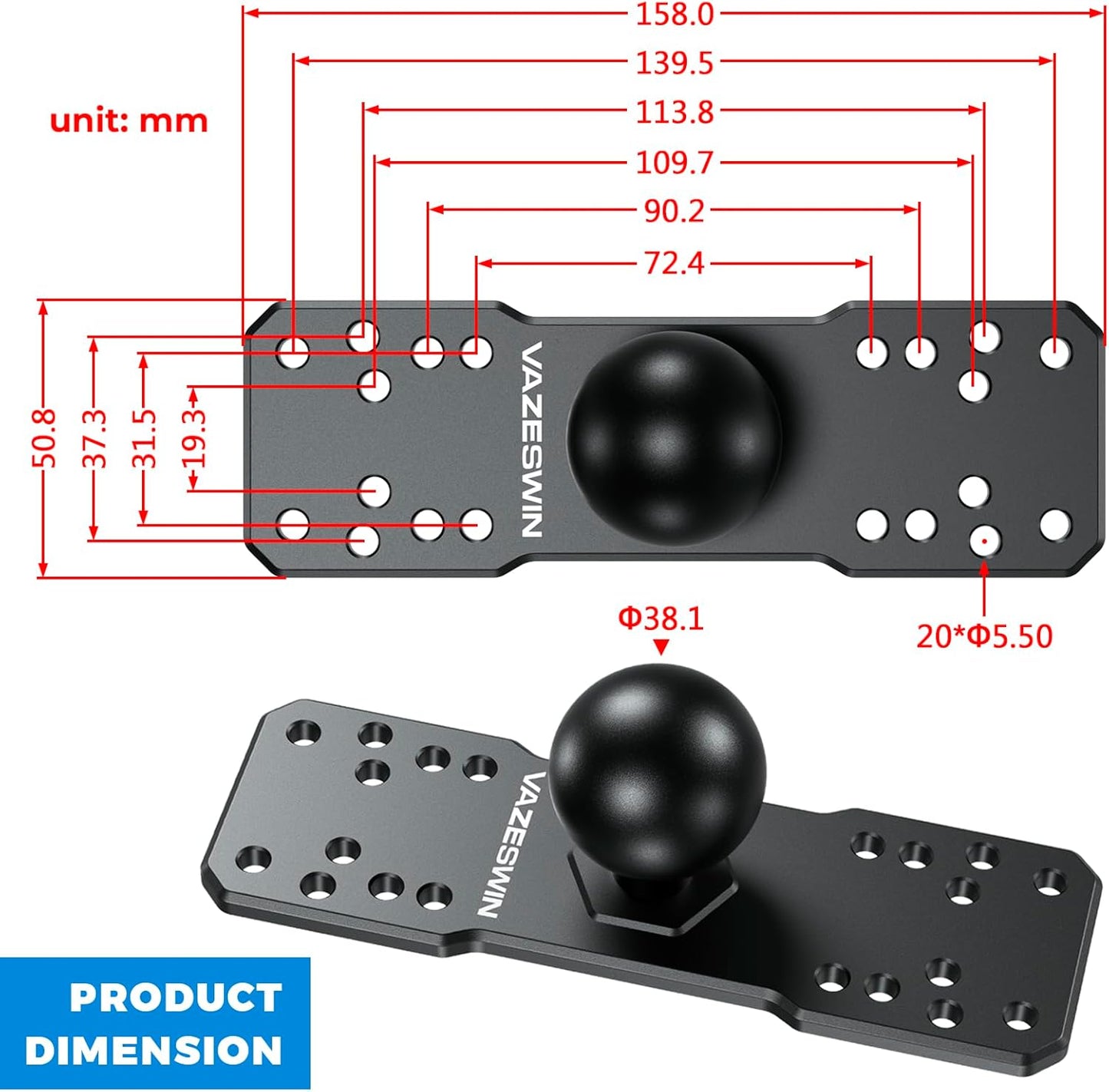 VAZESWIN 1.5" Ball Aluminum Alloy Fish Finder Mounting Plate, Universal Marine Electronic Mount Plate for Garmin, Lowrance, Humminbird, Raymarine, Fit for RAM Mounts, Scotty C Size Double Socket Arms