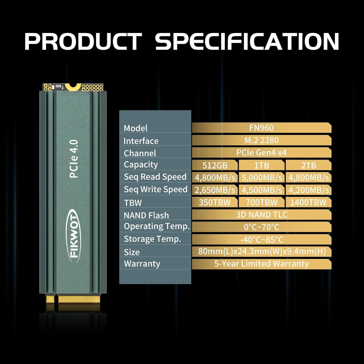 Fikwot FN970 2TB M.2 2280 PCIe Gen4 x4 NVMe 1.4 Internal Solid State Drive with Heatsink - Speeds up to 7,400MB/s, Configure DRAM Cache, Compatible PS5 Internal SSD