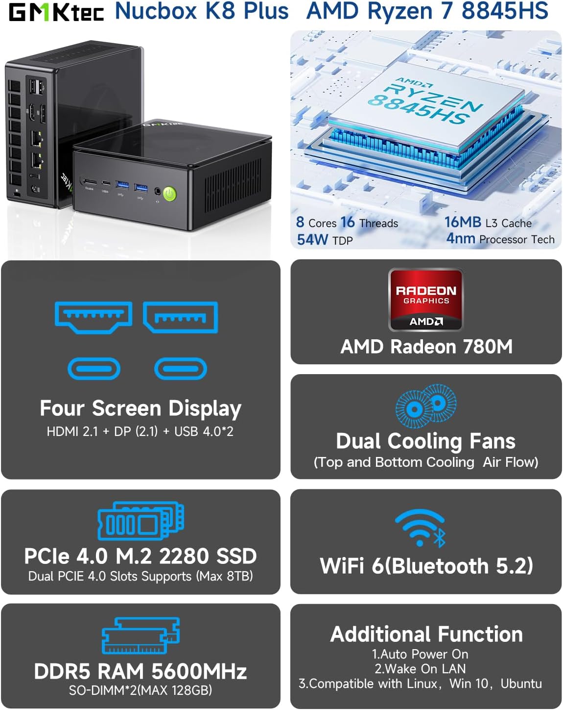 GMKtec Mini PC Gaming, K6 AMD Ryzen 7 7840HS Dual NIC LAN 2.5Gbps Desktop Computer, 32GB DDR5 (16GB*2) 1TB PCIe4.0 SSD, USB4.0, HDMI, DP, USB-C, WiFi 6E, BT 5.2