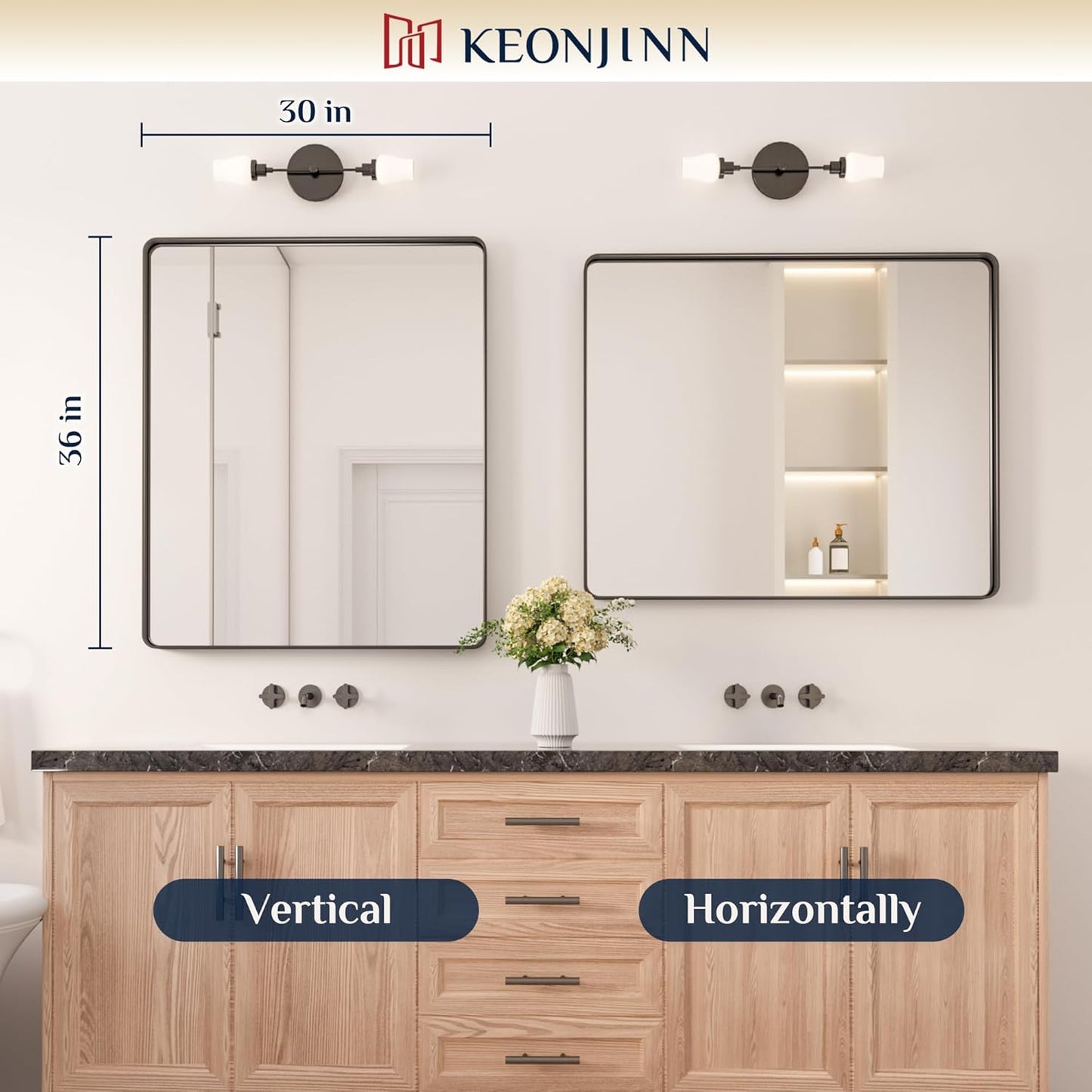 Keonjinn 42 x 36 Brushed Nickel Bathroom Vanity Mirror, Large Rounded Rectangle Bathroom Mirrors for over Sink, Metal Framed Silver Mirror for Wall, Shatterproof HD Tempered Glass(Horizontal/Vertical)