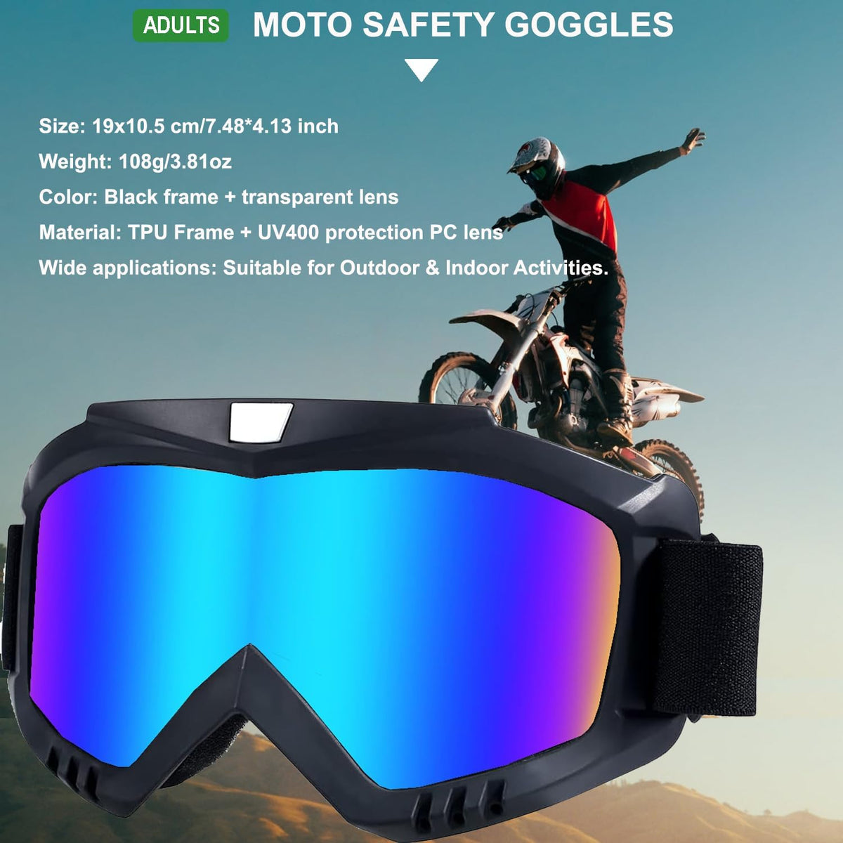 Dirt Bike Goggles,Anti-Fog Dirtbike Goggles,Motorcycle ATV Goggles Adult Motocross Skiing Snowboarding Goggles - PuriLite