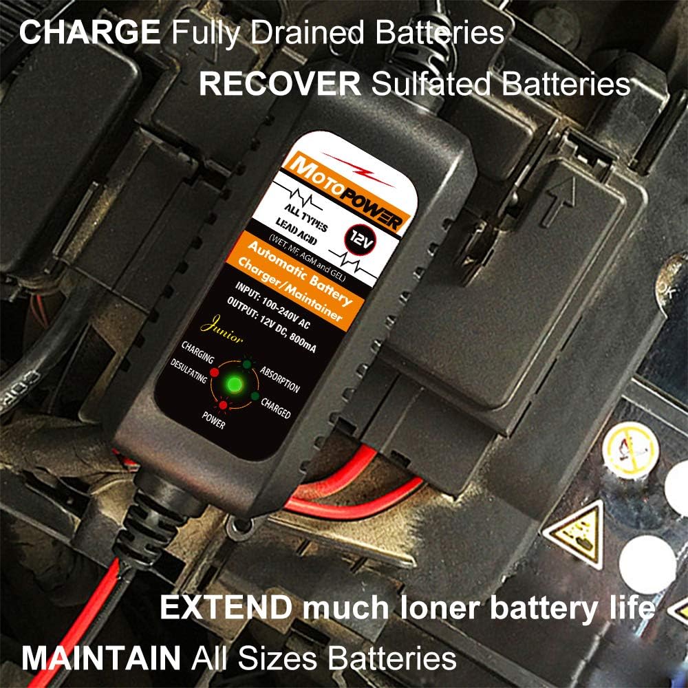 MOTOPOWER MP00205A 12V 800mA Fully Automatic Battery Charger/Maintainer - PuriLite