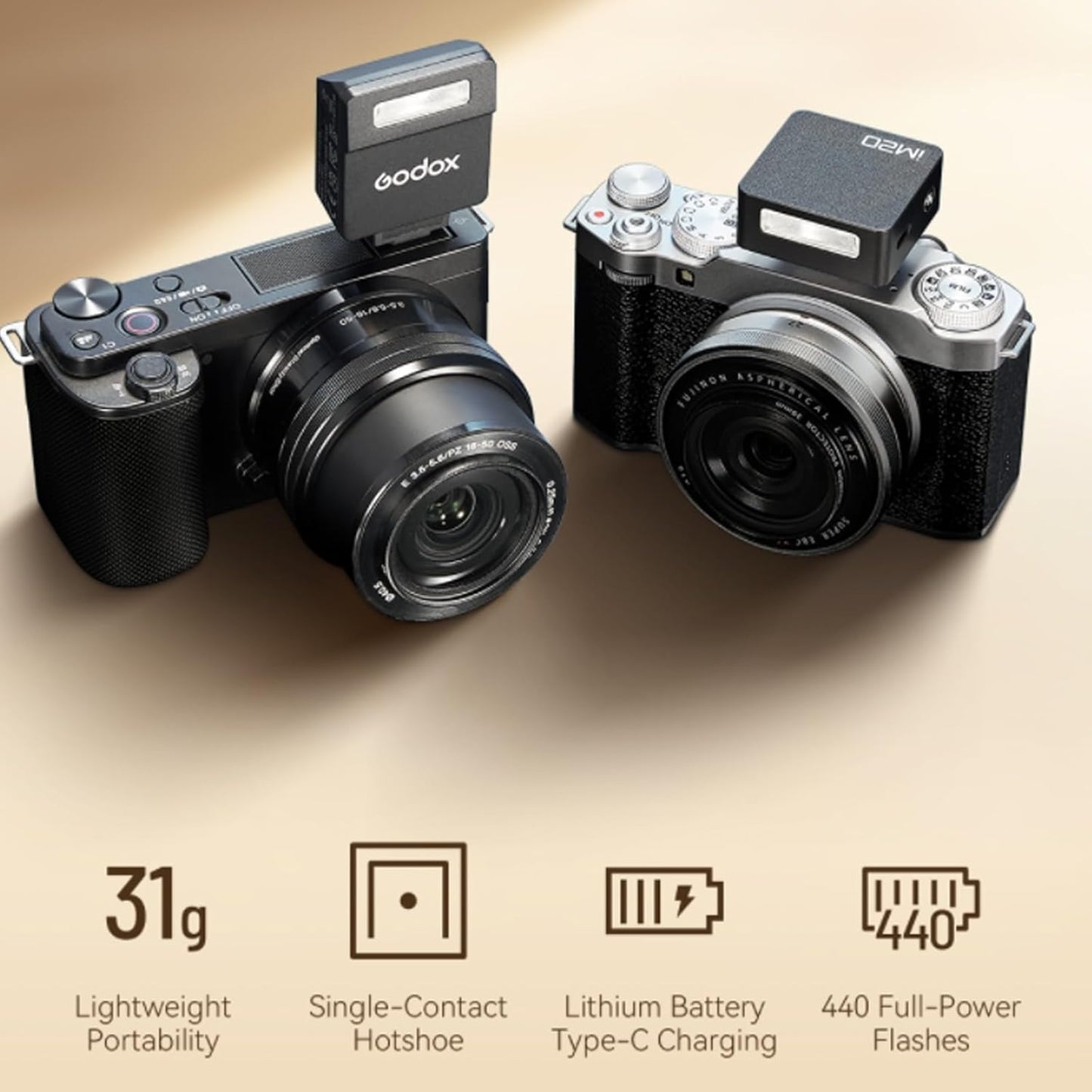 Godox iM20 Mini Flash Speedlight for Canon, Sony, Fuji, Nikon, Panasonic Olympus Pentax, 3s Recycle Time, Approx.440 Flash Times, Mini Camera Flash for Sony ZV1, etc DSLR (Built-in Lithium Battery)