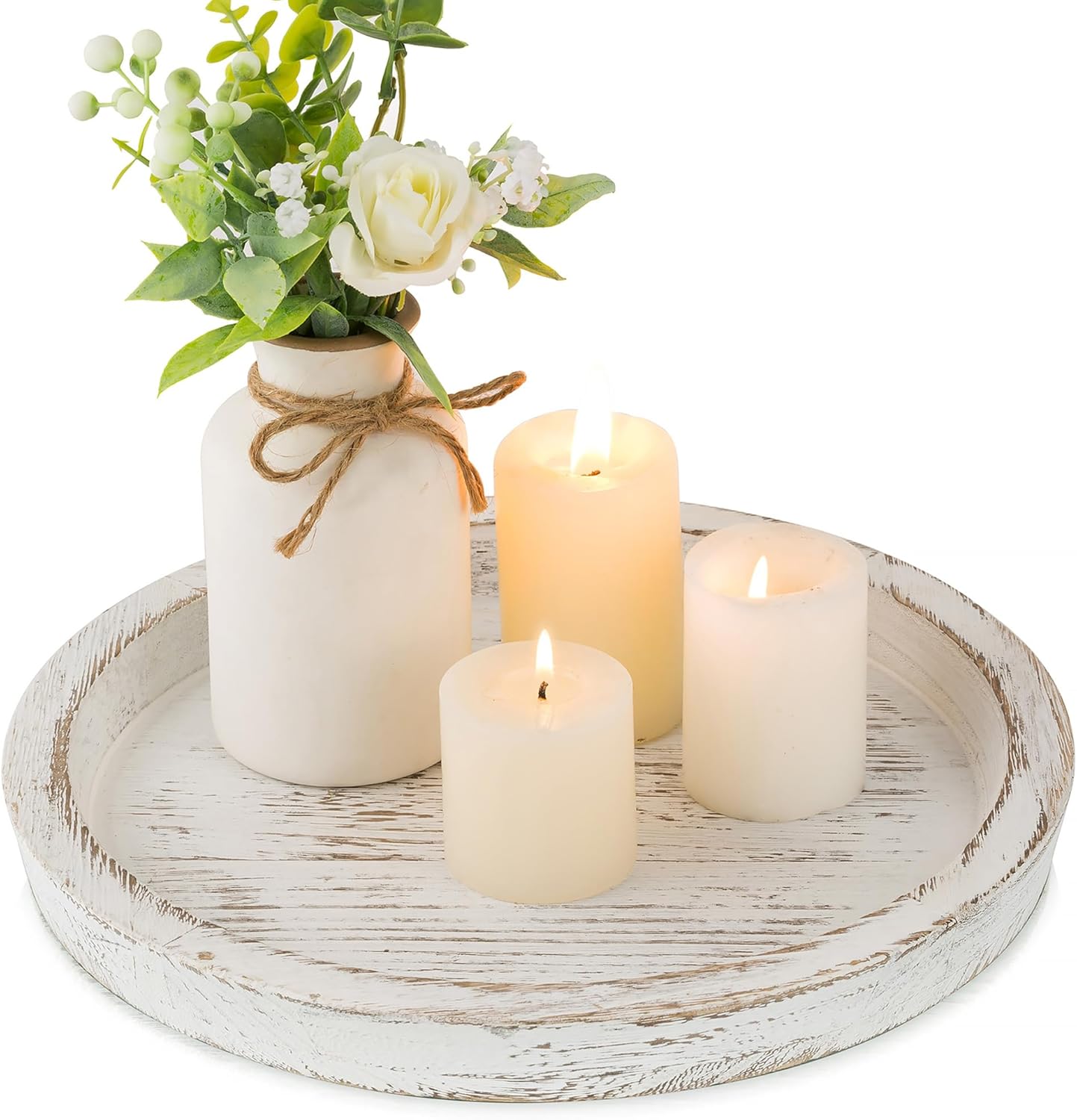 Hanobe Candle Plate Holder Tray: Round Wooden Decorative Candle Plate Small Farmhouse Table Centerpiece Rustic White Wood Tealight Pillar Trays for Christmas Wedding Halloween Home Decor
