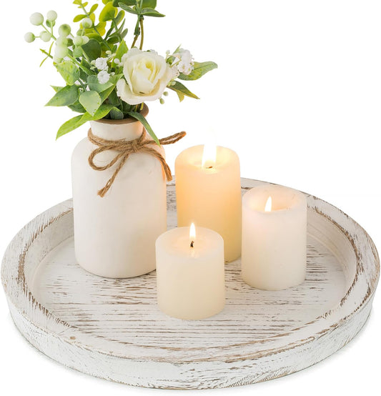 Hanobe Candle Plate Holder Tray: Round Wooden Decorative Candle Plate Small Farmhouse Table Centerpiece Rustic White Wood Tealight Pillar Trays for Christmas Wedding Halloween Home Decor