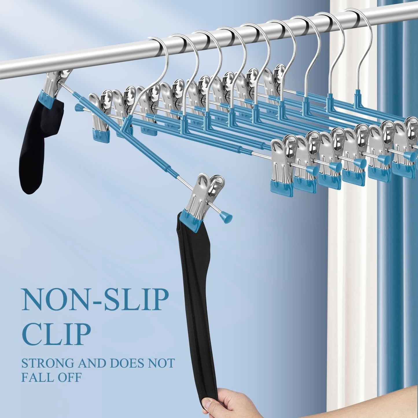 14Inch Black Pants Hangers with Clips 10 Pack Adjustable Skirt Hangers for Women Non-Slip Trousers Hanger for Jeans Clothes Hangers for Pants Heavy Duty Space Saving Shorts Hangers
