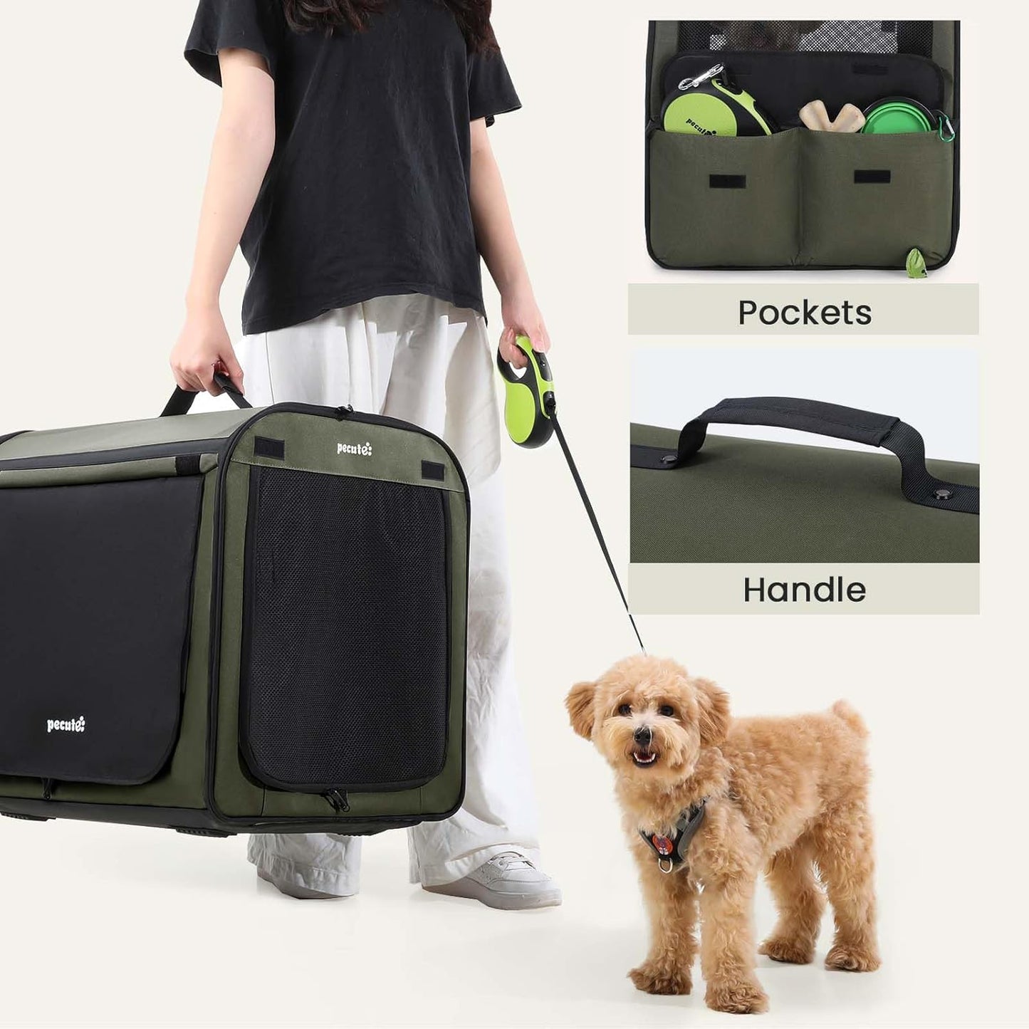 Pecute Collapsible Dog Crate for Pets<15kg, Pet Carrier Stable and Light Weight, Soft Dog Crate with Breathable Windows, Portable Dog Carrier with Curtain 61×45×52 cm (Green)