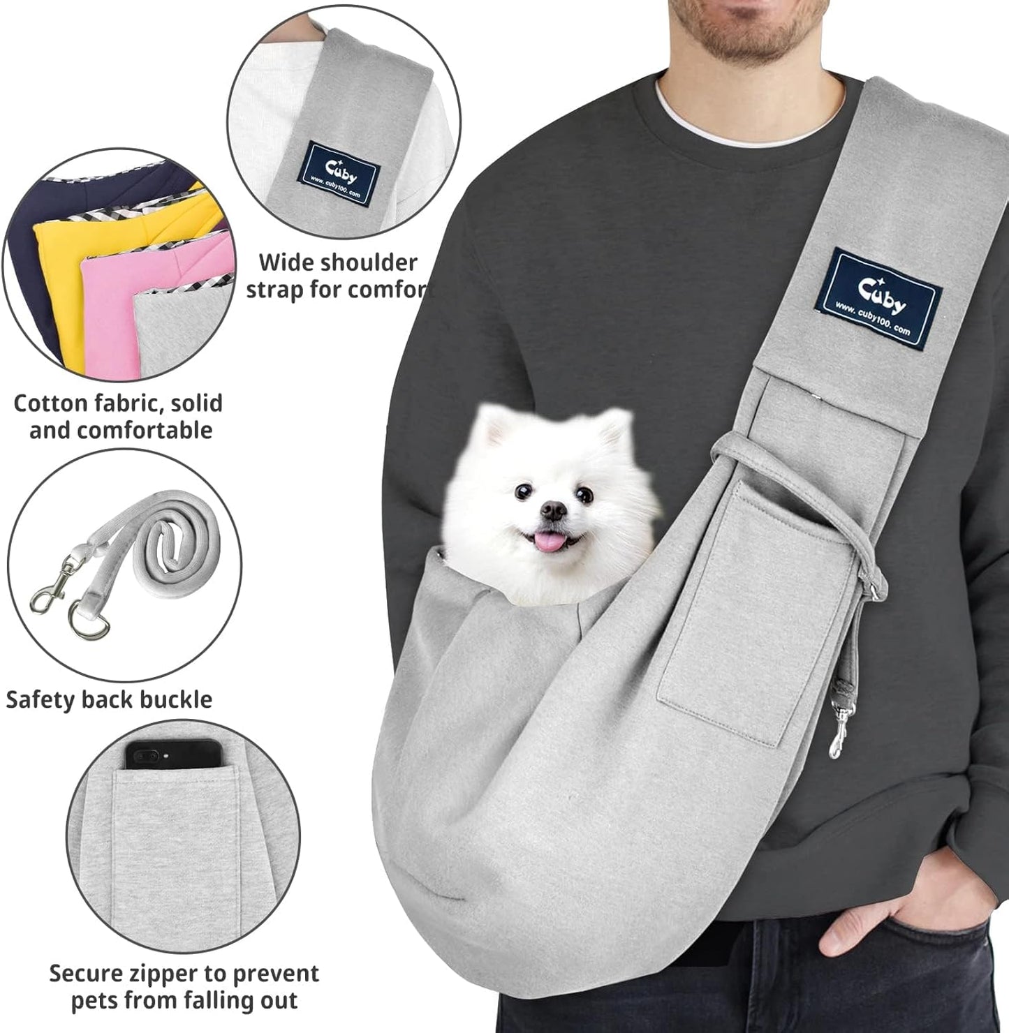 Cuby Adjustable Dog Cat Sling Padded Hard Bottom Pet Carrier Sling Soft Carrying Puppy Bag for Small Dogs Cats Outdoor Travel (Grayish-White)