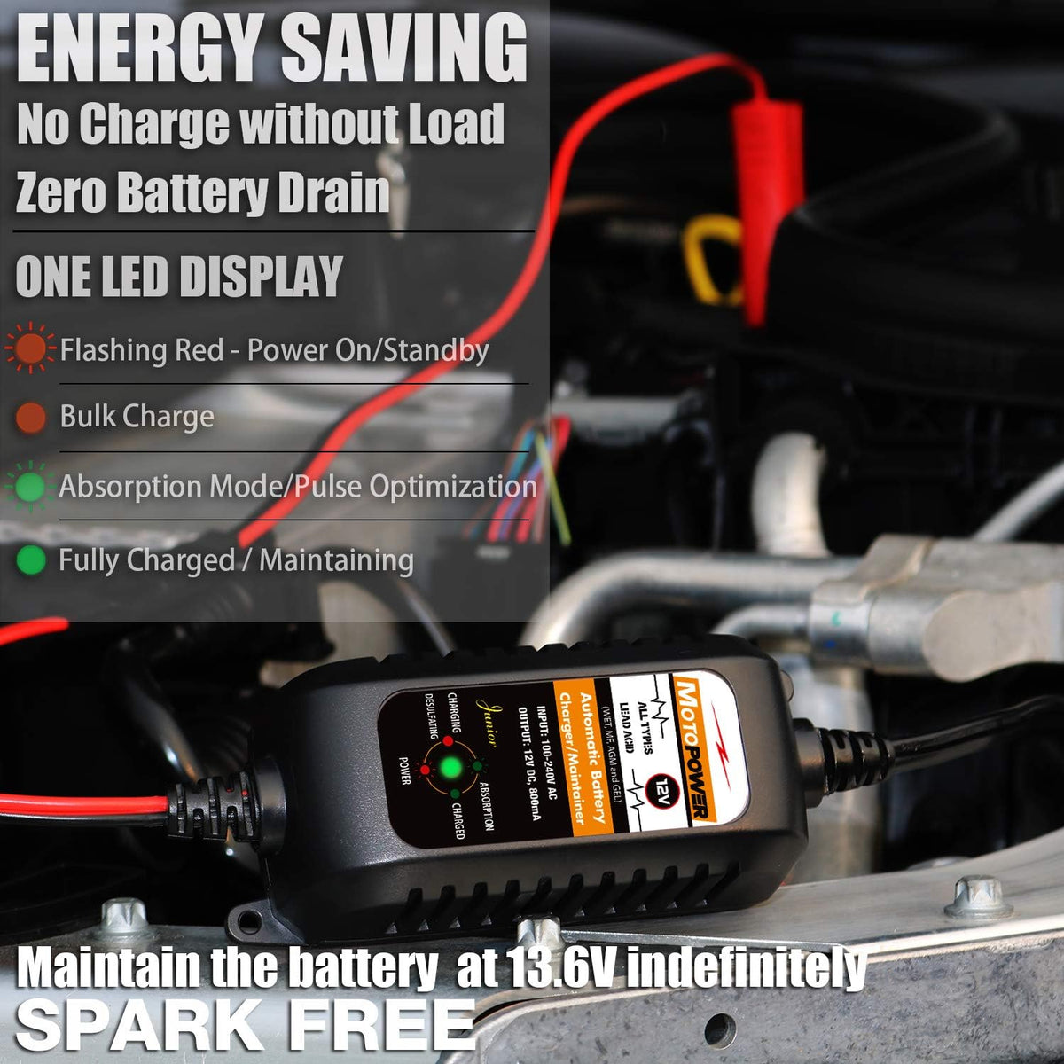MOTOPOWER MP00205A 12V 800mA Fully Automatic Battery Charger/Maintainer - PuriLite
