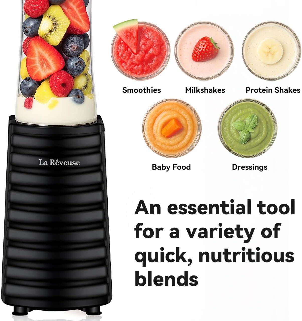 La Reveuse Smoothies Blender Personal Size 300 Watts with 2 Pieces 18 oz BPA Free Portable Travel Sports Bottles (Silver 2 Cups)
