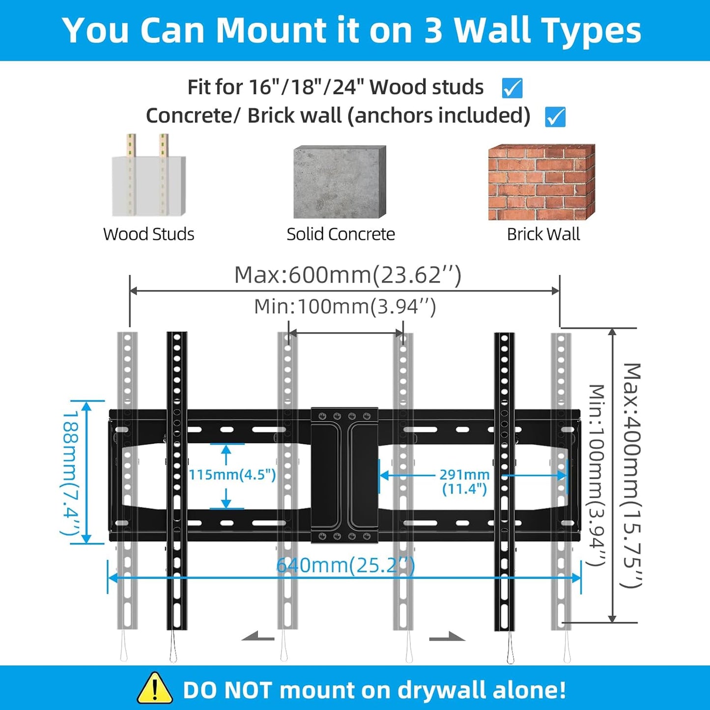 HOME VISION TV Wall Mount Tilt for Most 32-84 inch Flat Curved TV, Low Profile Tilting Wall Mount TV Bracket Fits 16”-18”-24” Wood Stud, Max VESA 600X400mm, Up to 165lbs, Quick Release