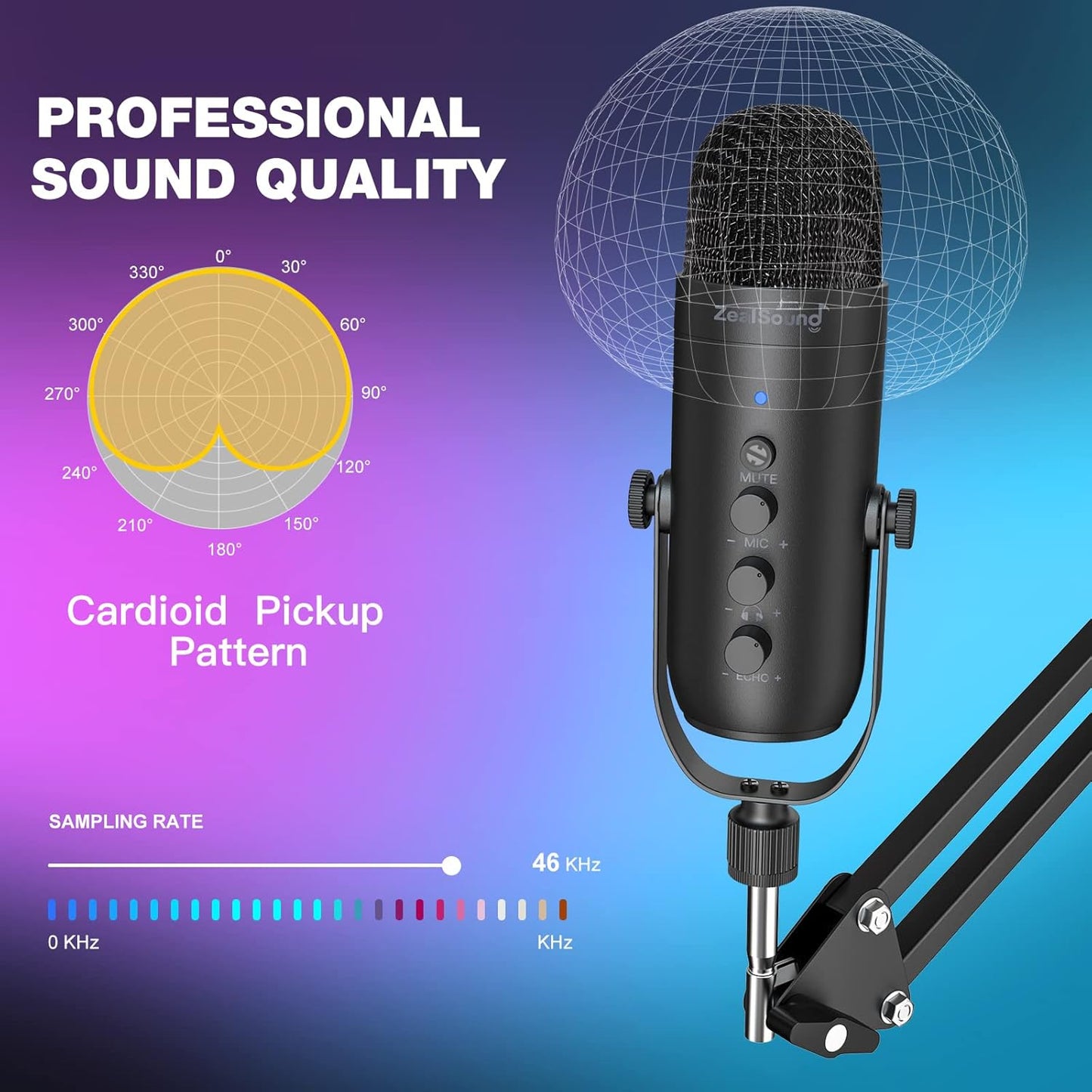 ZealSound USB Microphone,Condenser Phone Computer PC Mic kit,Plug&Play Gaming Microphones for PS 4&5.Mic Gain&Volume Control,Echo &Mute Button for Vocal,Record,Streaming,Discord YouTube Podcast on Mac