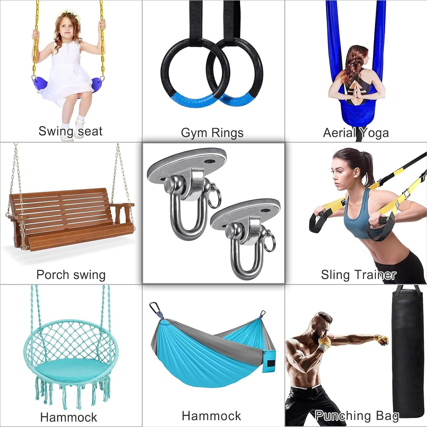 SELEWARE 2 Pack 2000 lb Capacity Stainless Steel 180° Swing Hangers Heavy Duty Swing Hooks for Concrete Ceiling Wooden Hanging Hardware for Por Porch Playground Hammock Gym Swing Sets