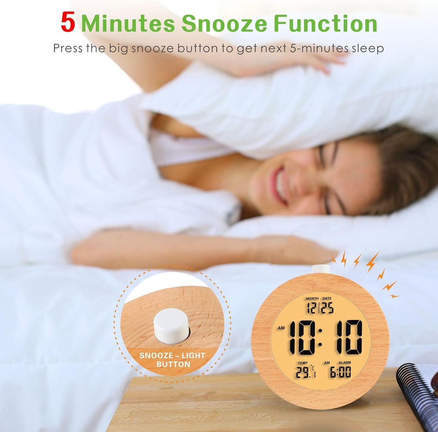 Plumeet Wooden Digital Alarm Clock for Bedrooms, Wood 4'' Battery Powered Alarm Clock with Snooze and Nightlight, Electronic LCD Desk Clock Display Time, Date, Temp, 12/24H, Wood Décor (Sapele, 3.2'')