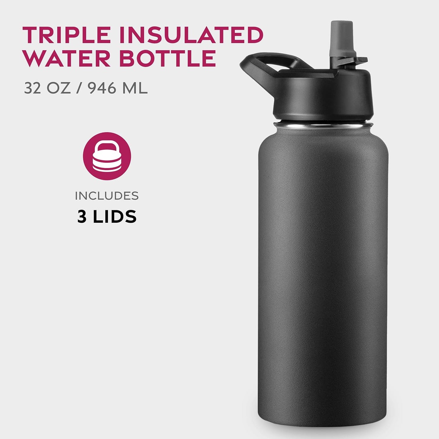 FineDine Water Bottle - Stainless Steel Insulated Water Bottle with Straw Lid, Flip Lid & Wide-Mouth Cap - Keeps Hot and Cold - 25 Oz / 739ml - Pure Pearly White