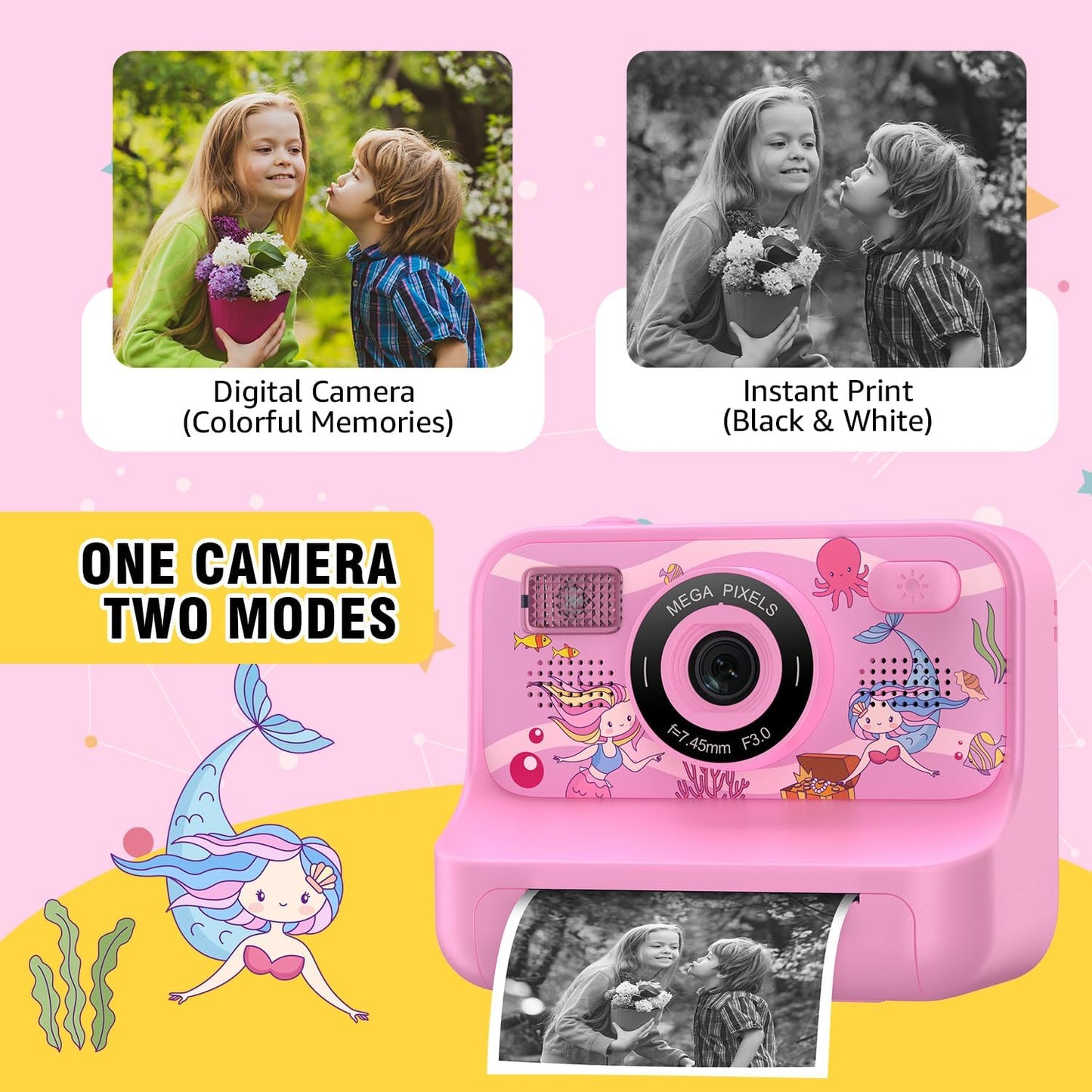 Instant Print Camera for Kids Age 3-12 Girls Boys 1080P Selfie HD Digital Video Cameras with 6 Print Paper & 32G Card Toddler Portable Travel Toys Camera for Christmas Birthday Gifts
