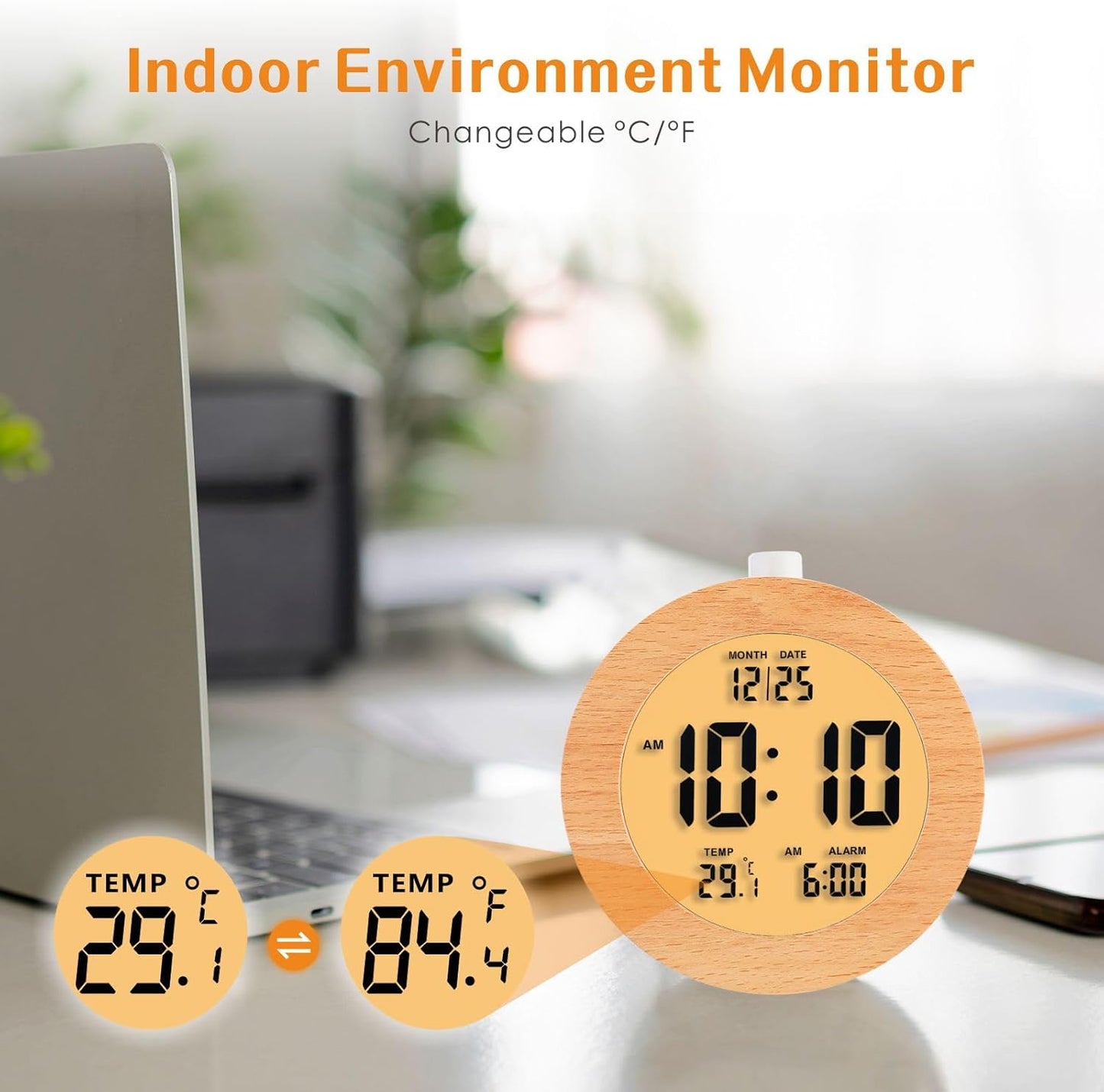 Plumeet Wooden Digital Alarm Clock for Bedrooms, Wood 4'' Battery Powered Alarm Clock with Snooze and Nightlight, Electronic LCD Desk Clock Display Time, Date, Temp, 12/24H, Wood Décor (Sapele, 3.2'')
