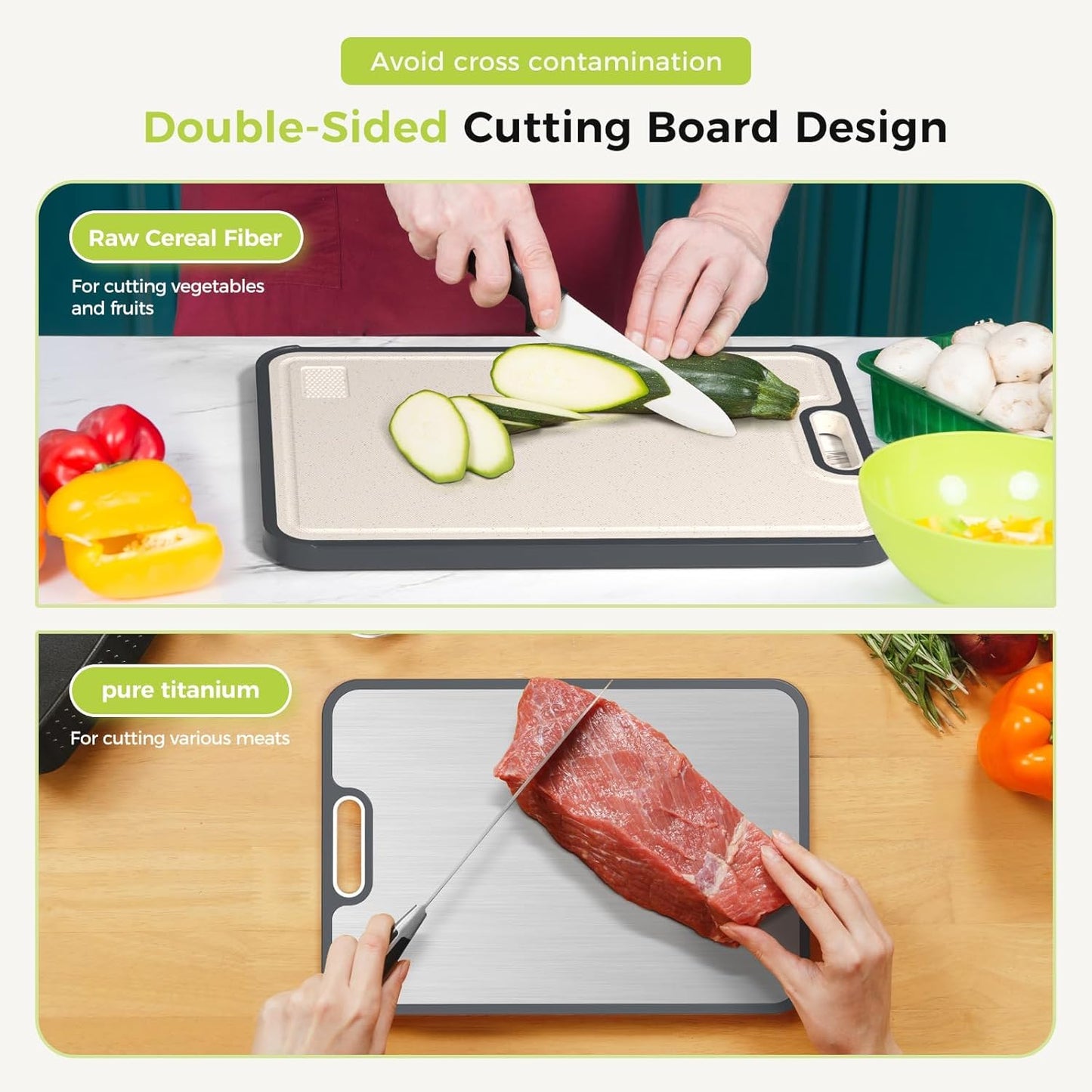 Titanium Cutting Board for Kitchen, Cutting Board Double Sided Food Grade, Pure Titanium and Wheat Straw PP, Easy to Clean Large Size 16”×10”