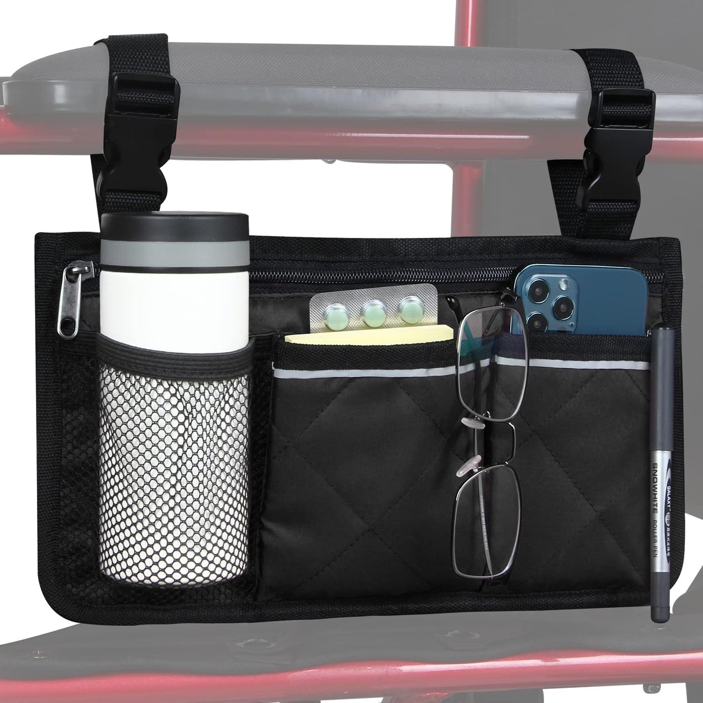 Wheelchair Side Bag, Wheelchair Armrest Storage Pouch with Cup Holder and Reflective Strip for Wheelchairs, Walkers or Rollators (Black)
