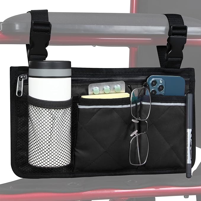 Wheelchair Side Bag, Wheelchair Armrest Storage Pouch with Cup Holder and Reflective Strip for Wheelchairs, Walkers or Rollators (Black)
