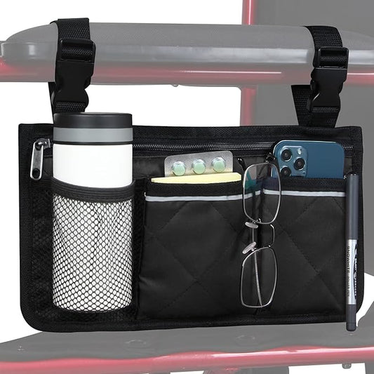Wheelchair Side Bag, Wheelchair Armrest Storage Pouch with Cup Holder and Reflective Strip for Wheelchairs, Walkers or Rollators (Black)