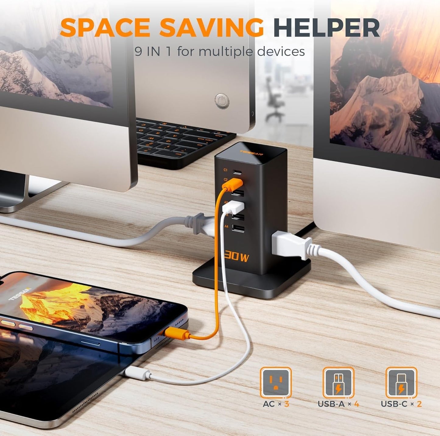Charging Station, TESSAN 65W Max GaN USB C Charger Block, 6-Ports and 3 AC Outlets Power Tower, Fast Charging for Multiple Devices, Compatible with iPhone, Samsung and More