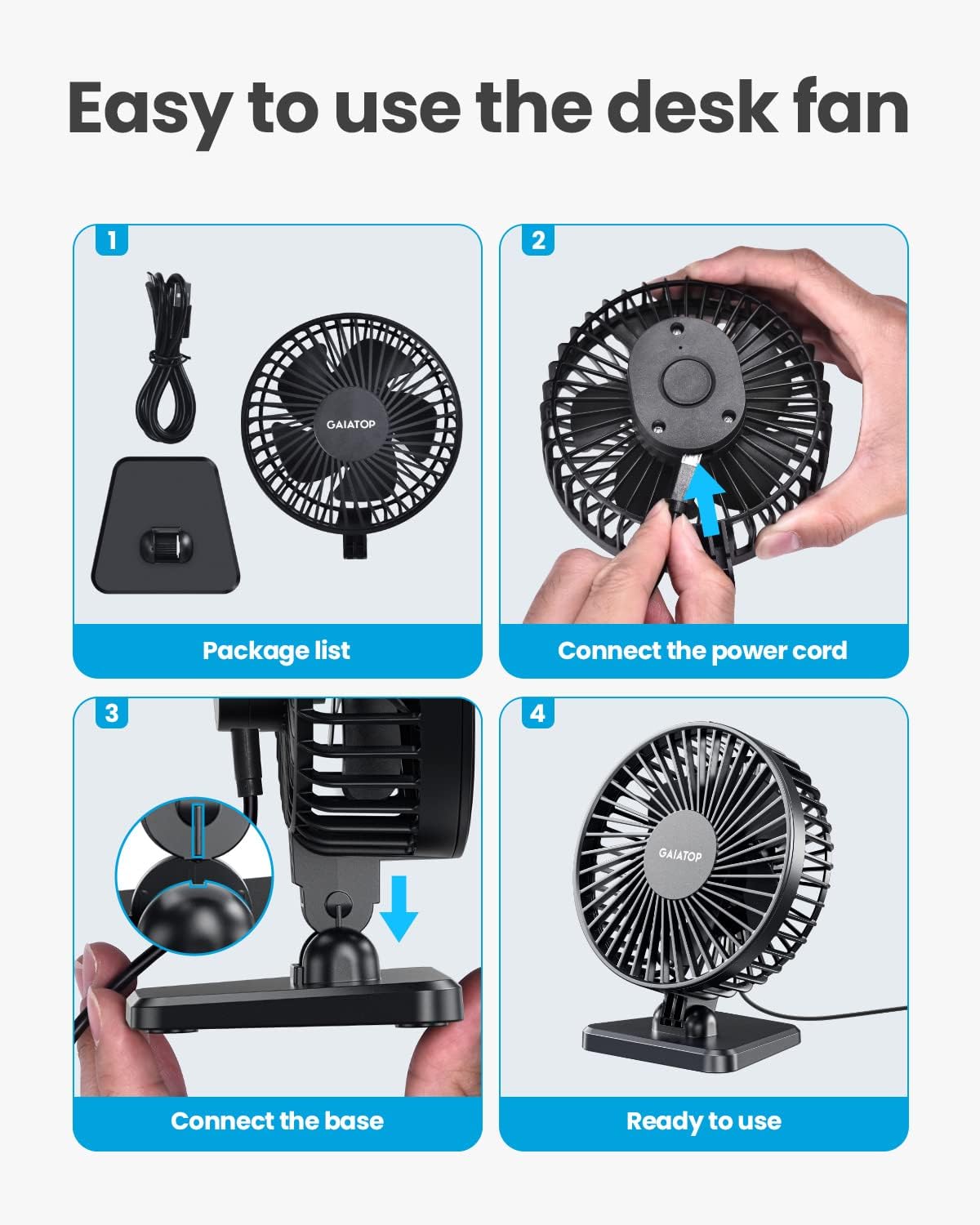 Gaiatop USB Desk Fan – Small Powerful Personal Desktop Fan with 3 Speeds, Quiet Operation & Adjustable Tilt - PuriLite