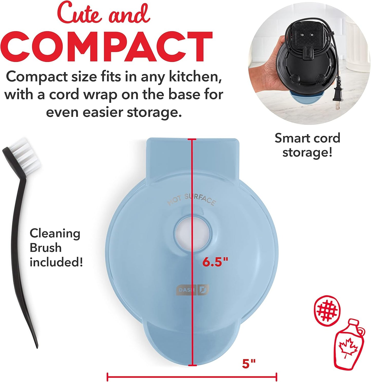 DASH Deluxe Mini Maker for Individual Waffles, Hash Browns, Keto Chaffles with Included Brush and Cord Wrap, and Easy to Clean Non-Stick Surfaces, 4 Inch, Dream Blue