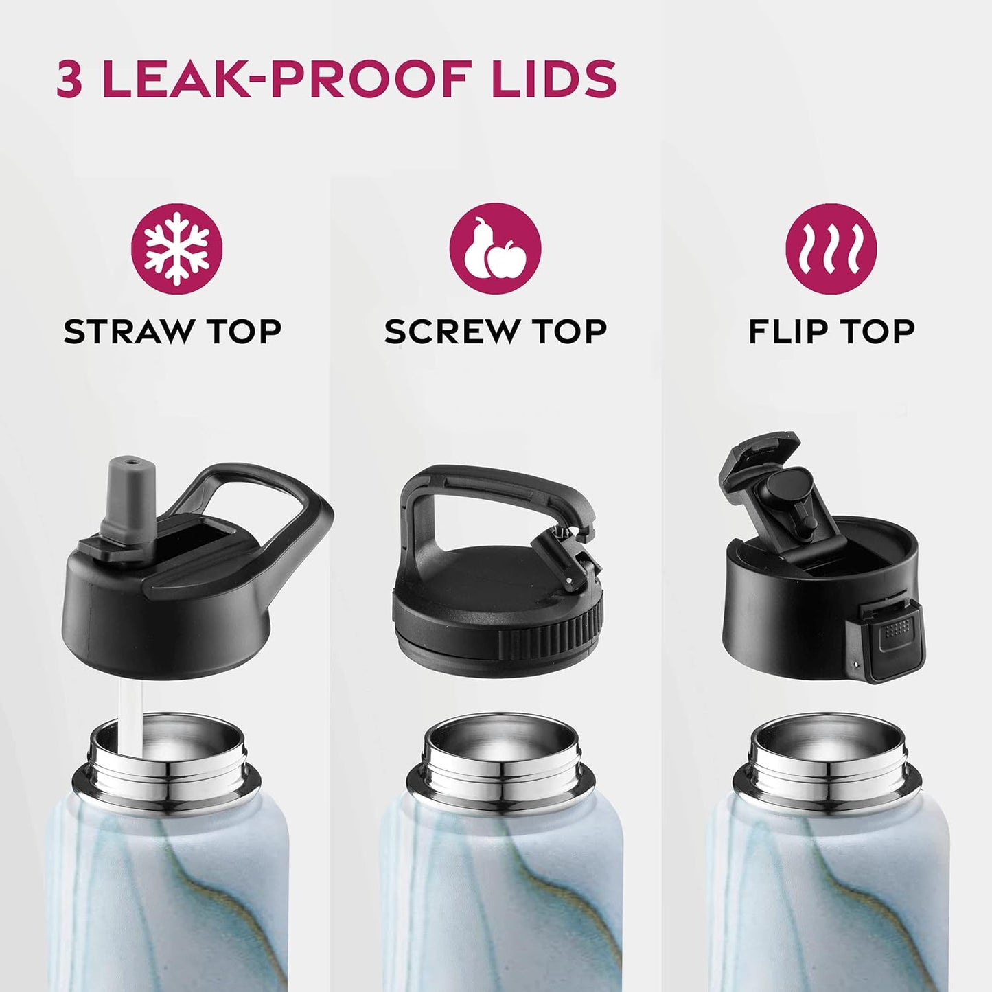 FineDine Water Bottle - Stainless Steel Insulated Water Bottle with Straw Lid, Flip Lid & Wide-Mouth Cap - Keeps Hot and Cold - 25 Oz / 739ml - Pure Pearly White