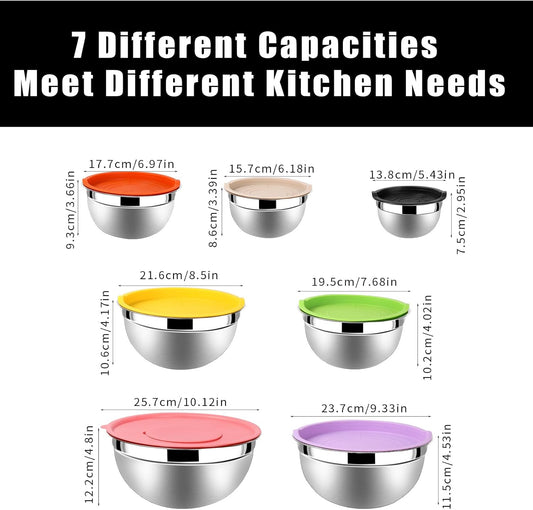 Lazycorner Mixing Bowls with Airtight Lids Set 7 Pcs Stainless Steel Bowls Set Baking Set Non-Slip Silicone Bottoms Great for Serving & Baking - PuriLite
